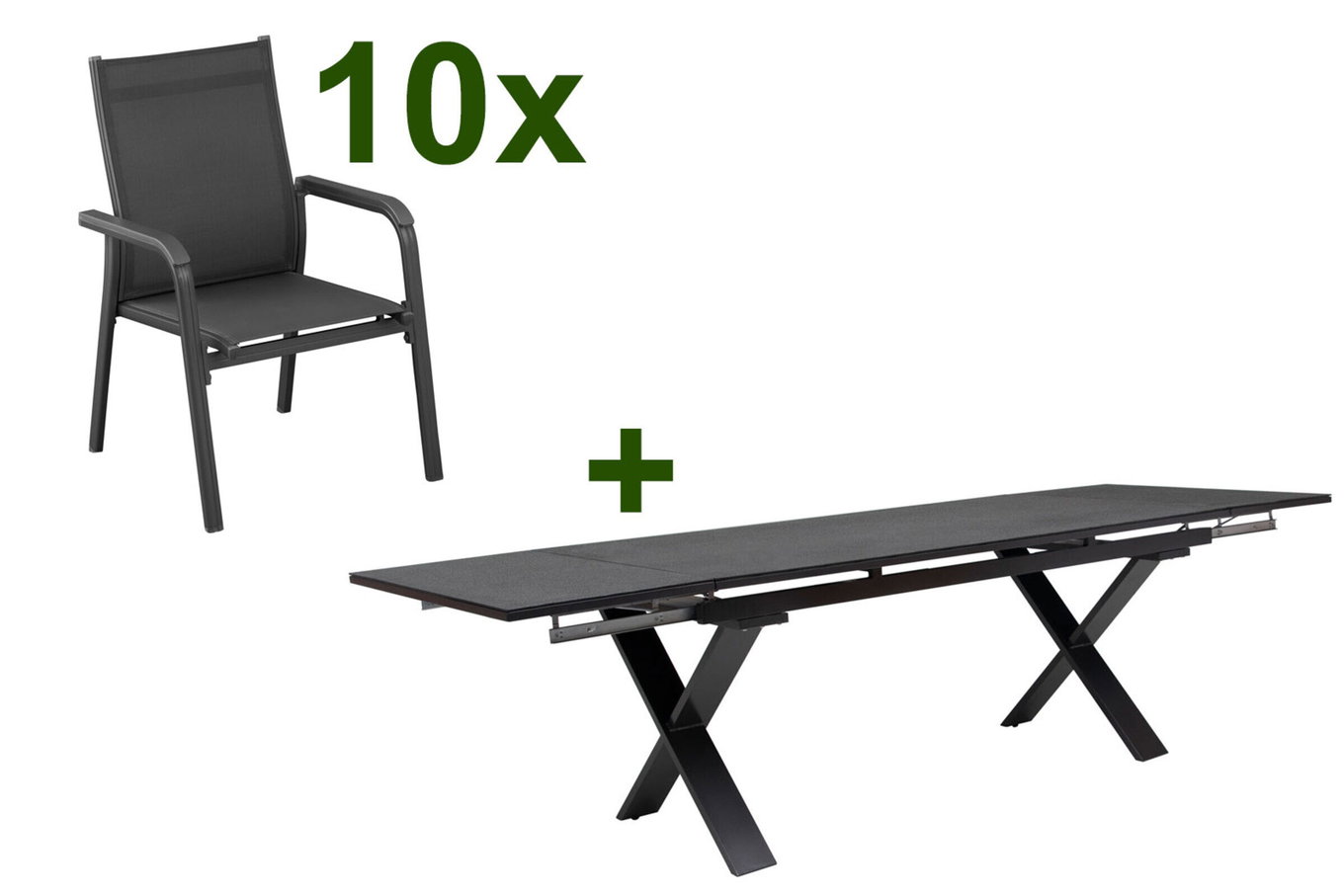 KETTLER BasicPlus Garten-Essgruppe, anthrazit, Alu / Spraystone / Textil, Tisch 180/280x100cm, 10 Stapelsessel 23078__1