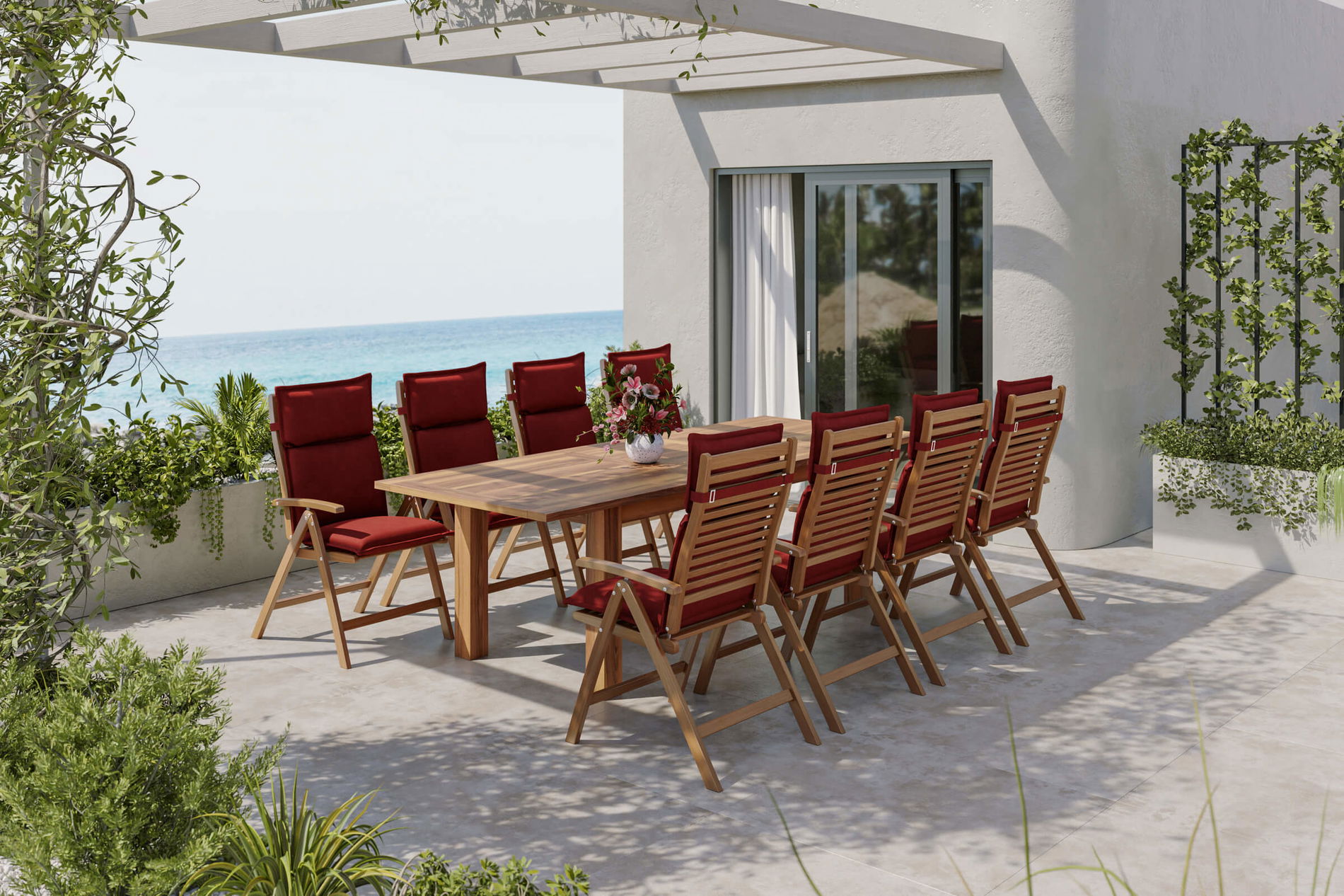 OUTFLEXX Faro Garten-Essgruppe, naturbelassen, Akazie & Polyester, ausziehbarer Tisch 200/260 x 100 cm, klappbare Stühle, inkl. Stuhlauflagen in bordeaux, FSC®-zertifiziertes Produkt