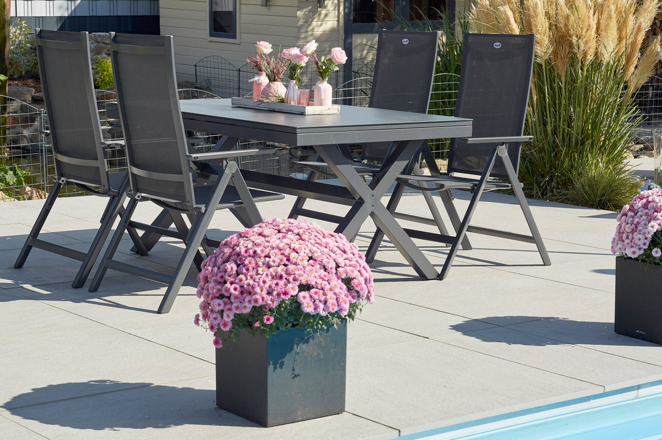 HARTMAN Xanadu / Aruba Garten-Essgruppe, xerix, Alu/Textilene/Glaskeramik, 4 Klappstühle, 160/220x100cm 23274__1