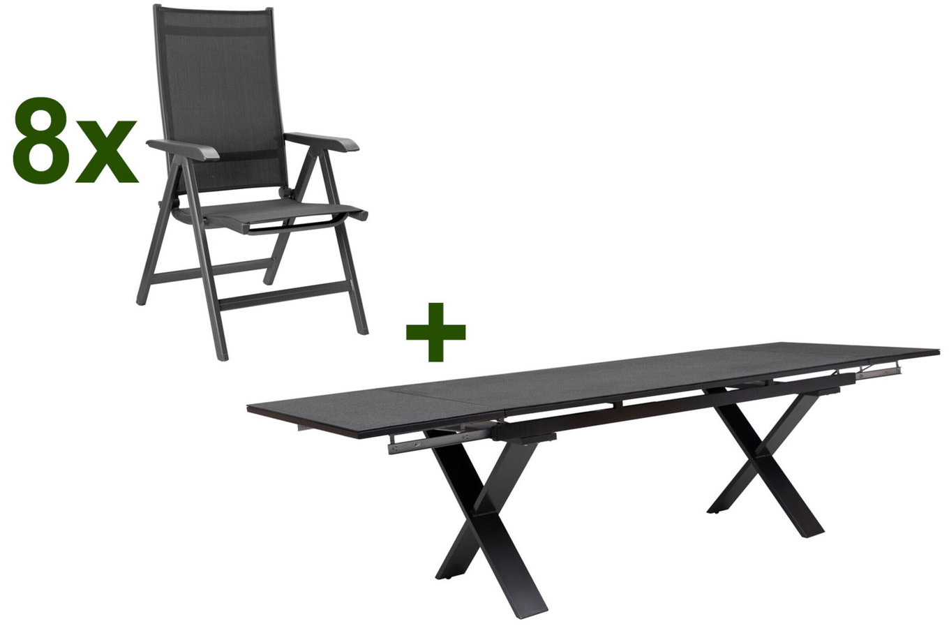 KETTLER BasicPlus Garten-Essgruppe, anthrazit, Alu / Spraystone / Textil, Tisch 180/280x100cm, 8 Klappstühle 23074__1