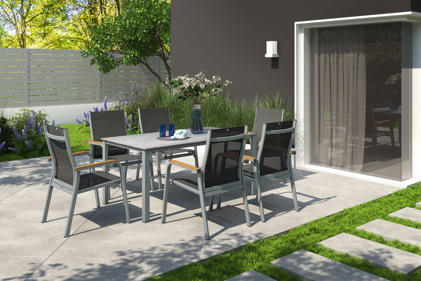 KETTLER Granada Garten-Essgruppe, silber/anthrazit, Alu, Tisch 160x90, 6 Stapelsessel 31405__1