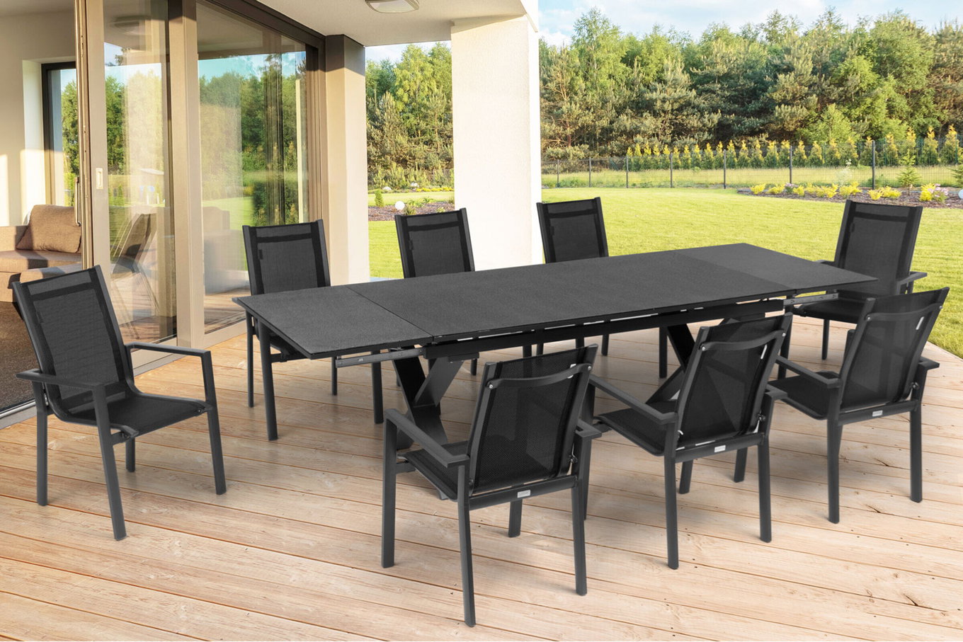 OUTFLEXX Garten-Essgruppe, OUTFLEXX® anthrazit matt, Alu / Spraystone / Textil, Tisch 180/280x100cm, 8 Stapelsessel 22137__1