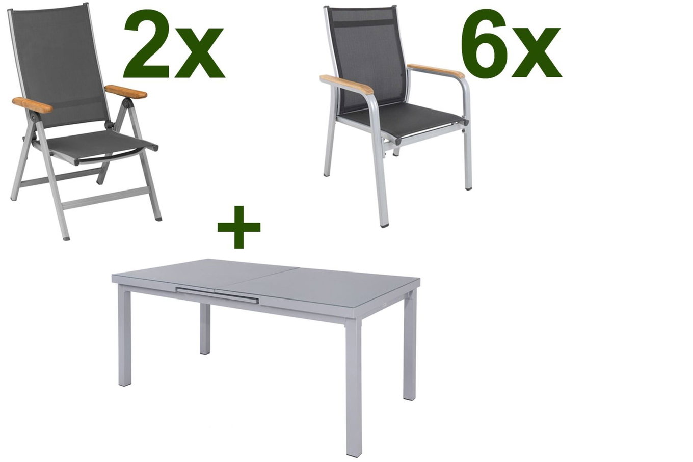 KETTLER Granada Garten-Essgruppe, silber, Alu/Textilene, Tisch 180/240x100cm, 6 Stapel-, 2 Klappstühle 19324__1