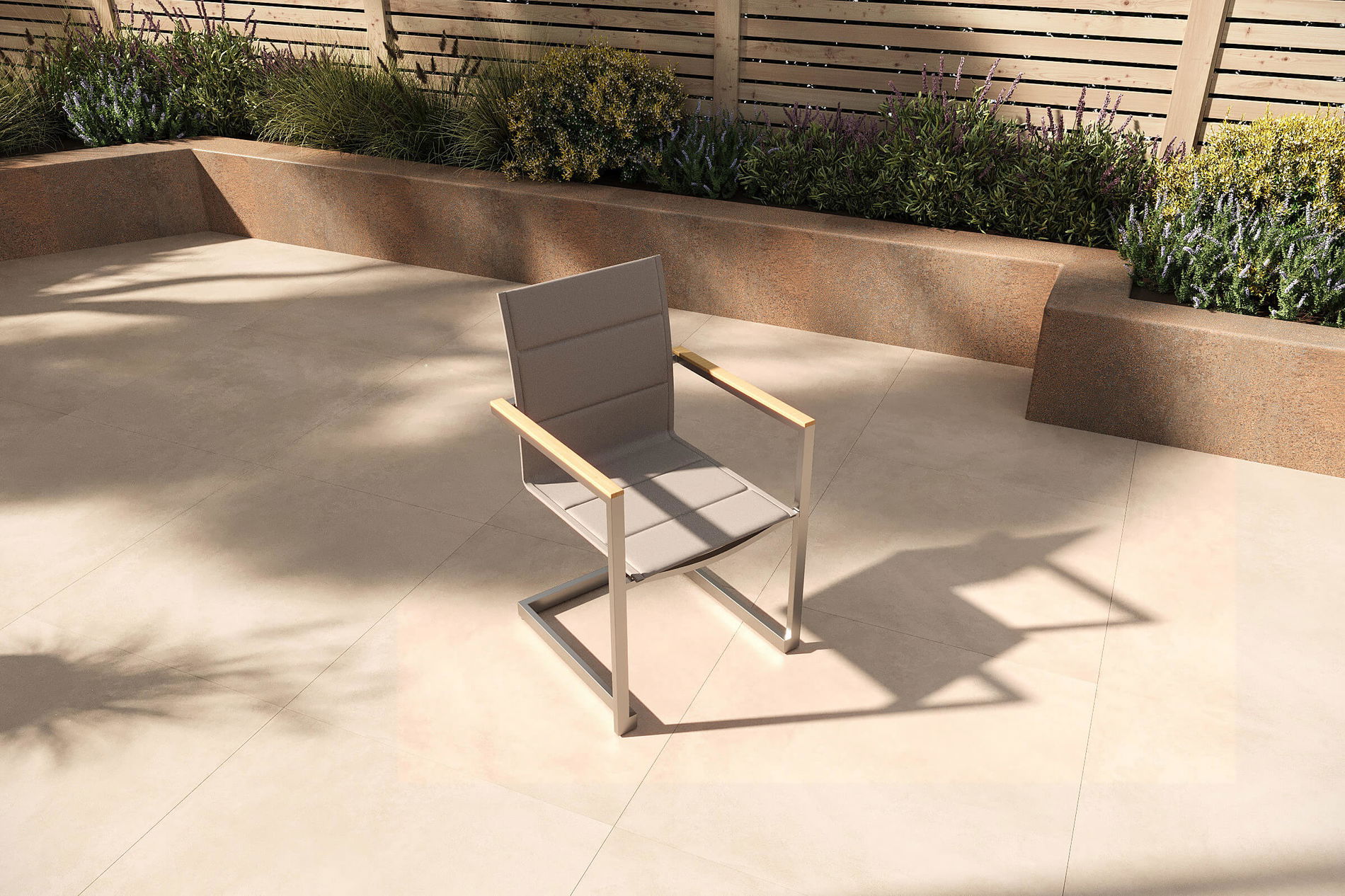 B-Ware: OUTFLEXX Freischwinger, taupe, Edelstahl/Textilene, padded, Armlehnen aus Teakholz