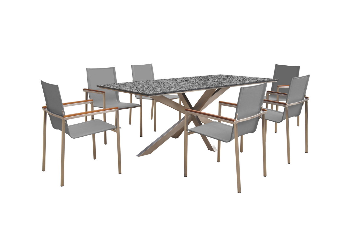 OUTFLEXX Garten-Essgruppe, silber, Edelstahl/Granit/Textilene, 200x100 cm, 6 Gartensessel, Armlehnen aus Teak 22791__1
