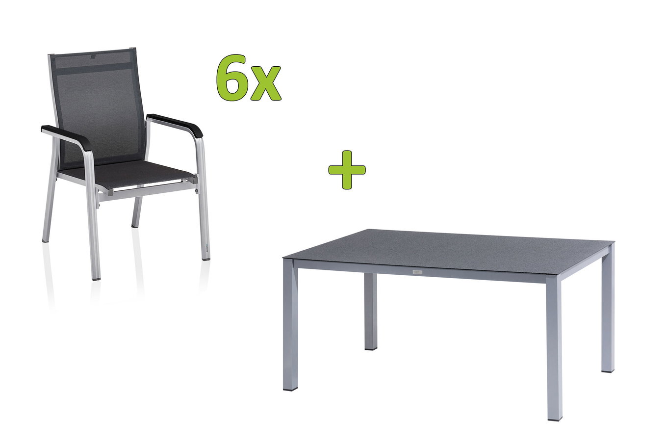 KETTLER BasicPlus Premium Garten-Essgruppe, silber, Alu/Spraystone, Tisch 160x95 cm, 6 Stapelsessel 31573__1
