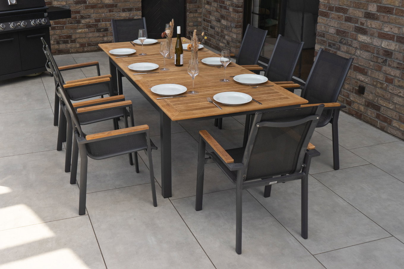 OUTFLEXX Garten-Essgruppe, anthrazit matt, Alu/Textilene, Tisch 180/240 x 100 cm, 8 Stapelsessel 22188__1