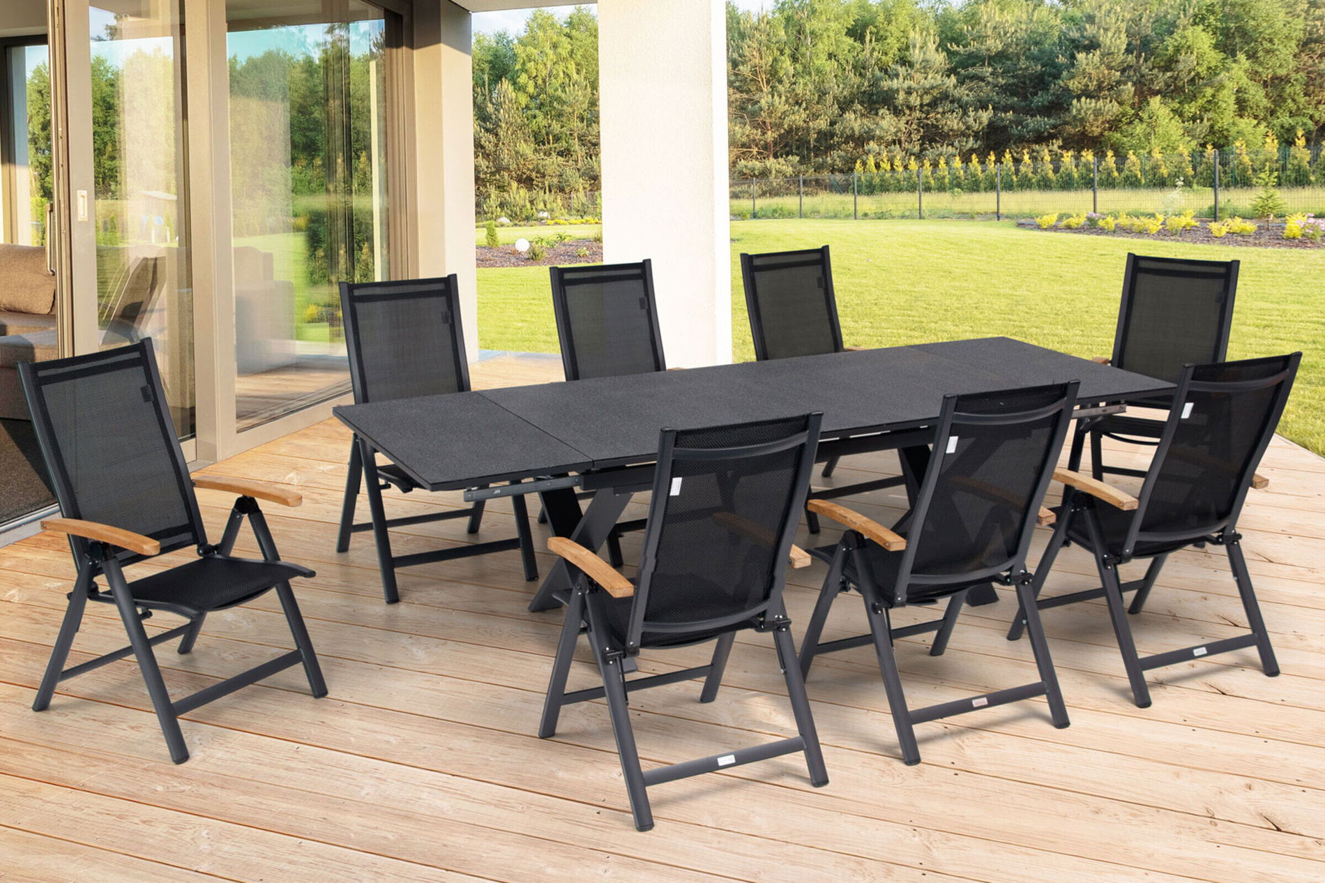 OUTFLEXX Garten-Essgruppe, OUTFLEXX® anthrazit matt, Alu / Spraystone / Teak, Tisch 180/280x100cm, 8 Klappstühle 22125__1