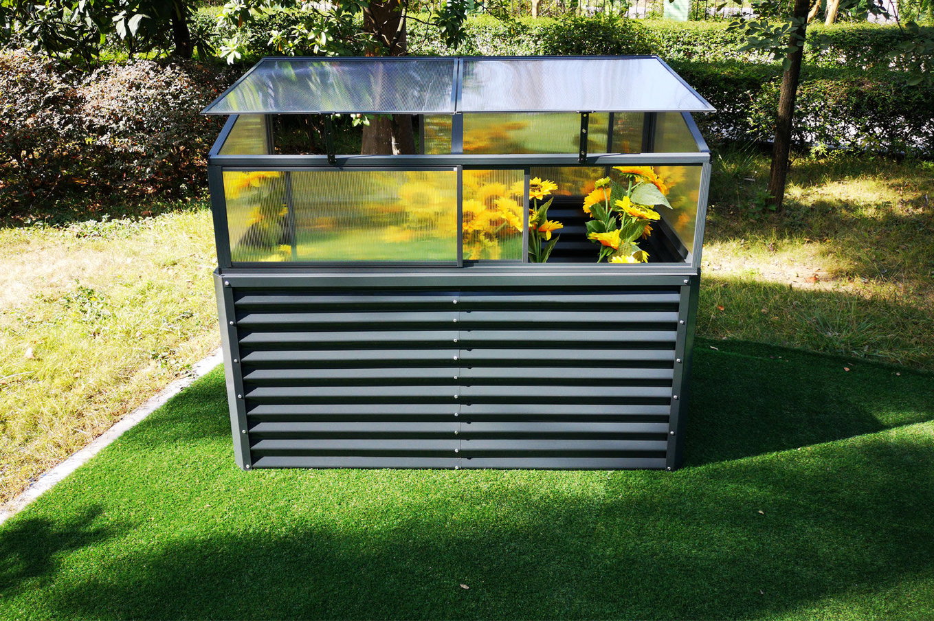 OUTFLEXX Set Hochbeet und Aufsatz (mit Schiebetüren), anthrazit, Aluminium-Zink-Stahl/Alu/Polycarbonat, 180 cm, pulverbeschichtet 20089__1