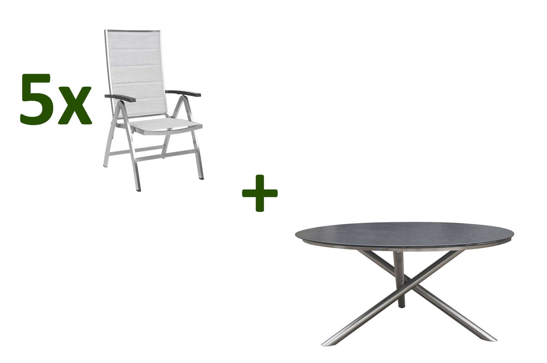 STERN Garten-Essgruppe, silber, Edelstahl/Textil/Alu/Glaskeramik, Tisch Ø150cm, 5 Klappsessel, verstellbar 24429__1