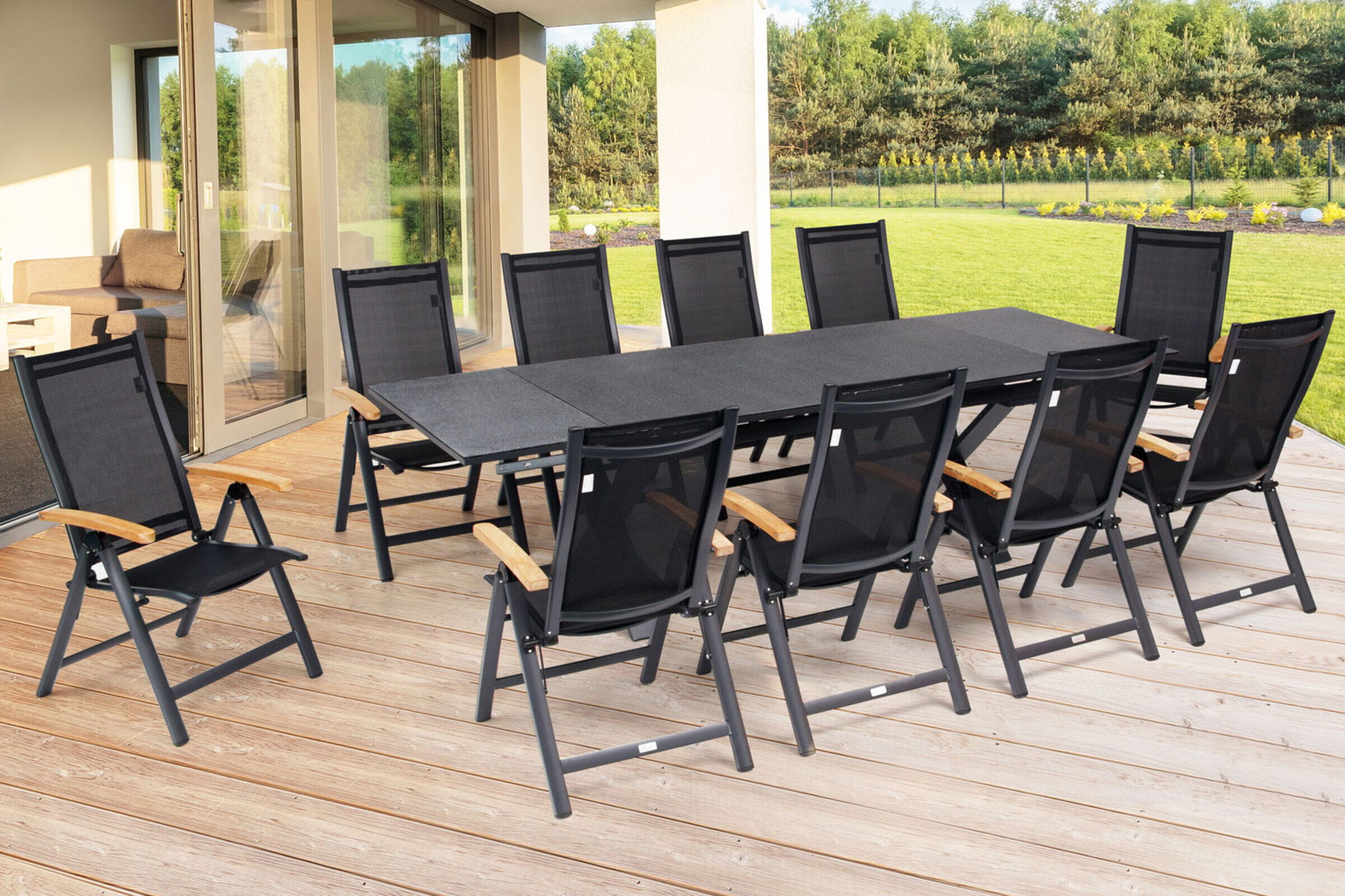 OUTFLEXX Garten-Essgruppe, OUTFLEXX® anthrazit matt, Alu / Spraystone / Teak, Tisch 180/280x100cm, 10 Klappstühle 22126__1