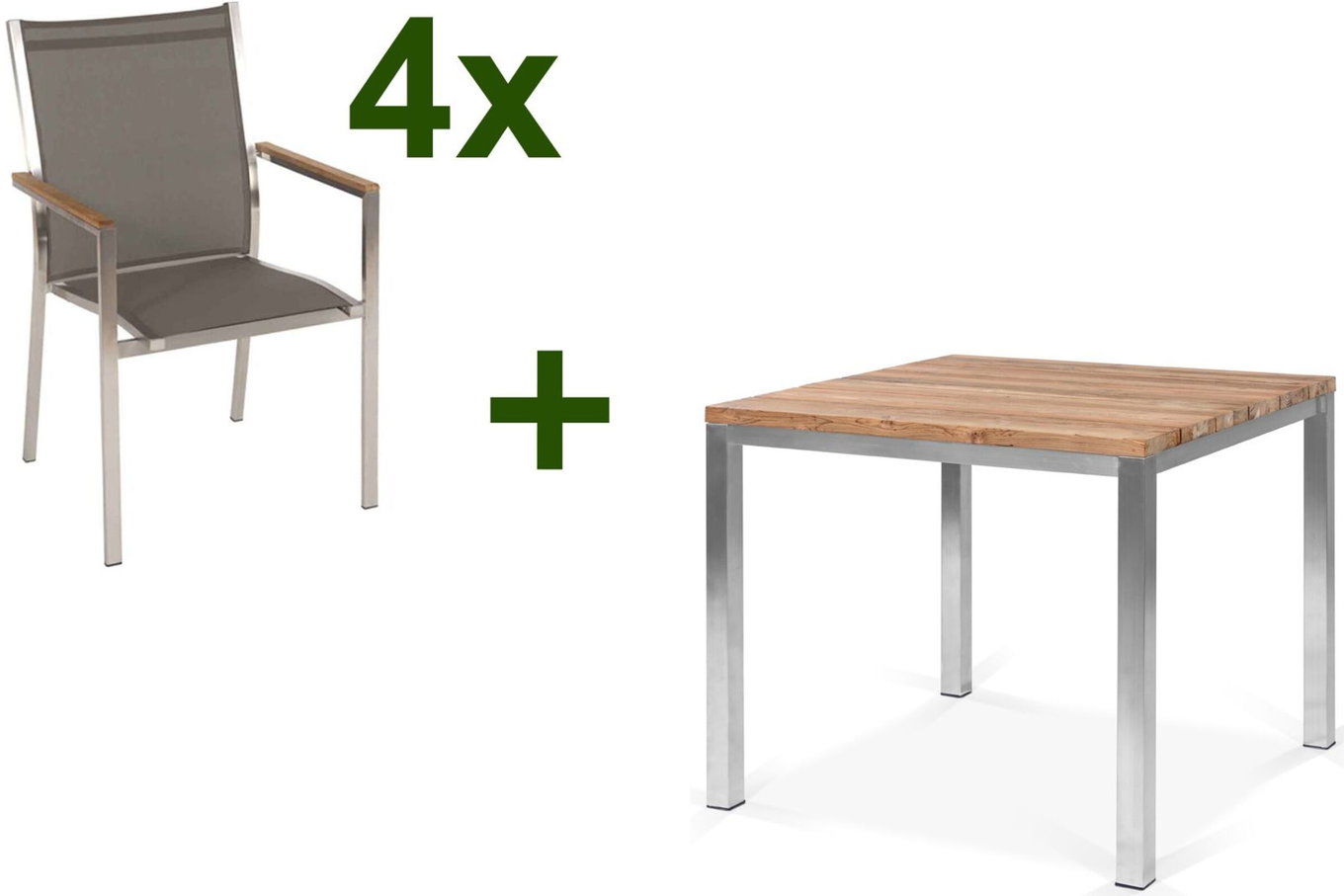 STERN Cardiff Garten-Essgruppe, silber/taupe, Edelstahl/recyceltes Teak, Tisch 90 x 90 cm, 4 Stapelsessel, FSC®-zertifiziertes Produkt 19719__1
