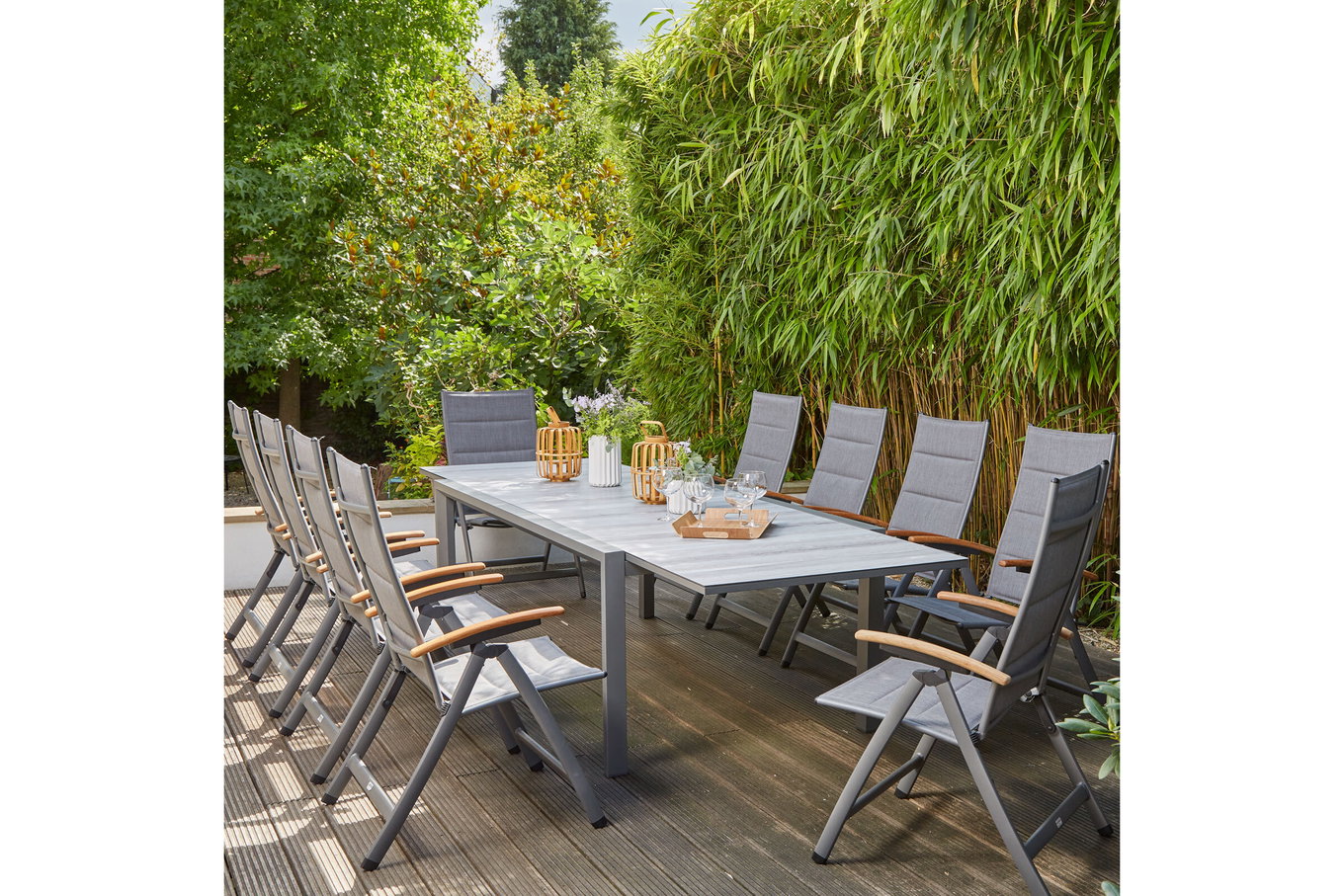 SIENA GARDEN Savina XL/Kingston Garten-Essgruppe, matt graphit/grau/wood look, Alu/Teak/Texfabric, Tisch 220/340x108 cm, 10 Klappstühle 22037__1