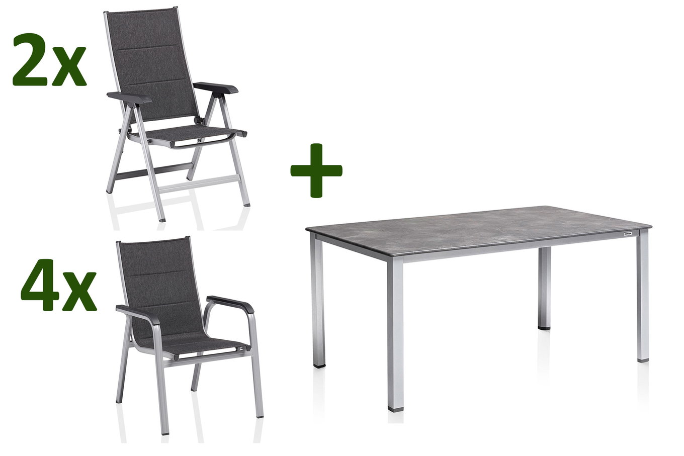 KETTLER Cubic/ Basic Plus Padded Garten-Essgruppe, silber/anthrazit, Alu/Textilene, Tisch 160x90 cm, 4 Stapelsessel, 2 Klappstühle, gepolstert 28703__1