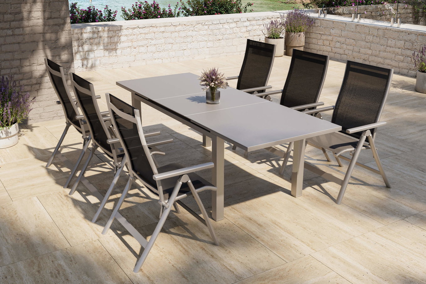OUTFLEXX Premium Garten-Essgruppe, silber/anthrazit, Alu/Textilene, Ausziehtisch 180/240 x 100 cm, 6 Klappstühle 21431__1