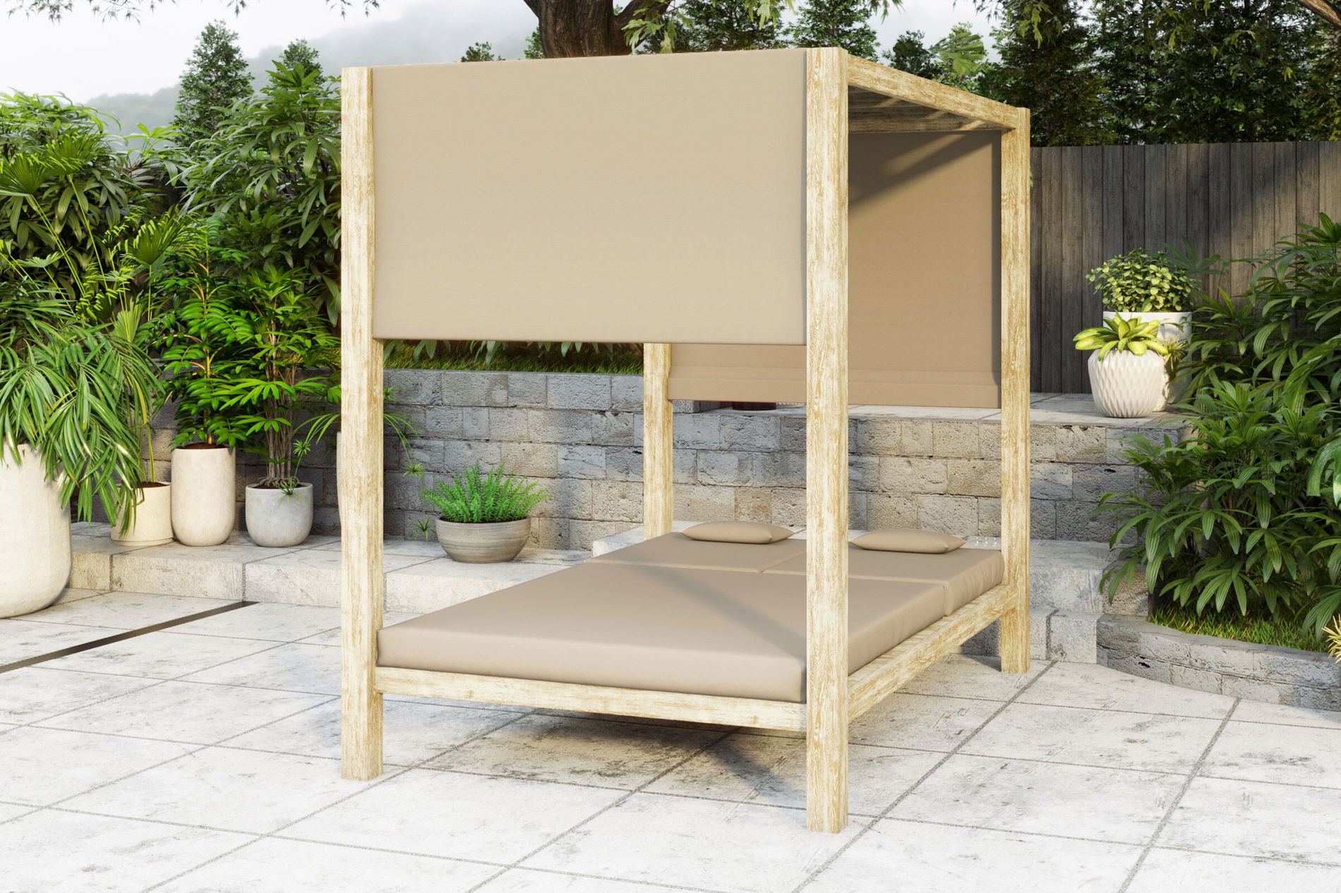 IBIZA 90's Kuta Loungebett, greywashed/beige, FSC-Teak/Olefin, 200 x 140 x 190 cm