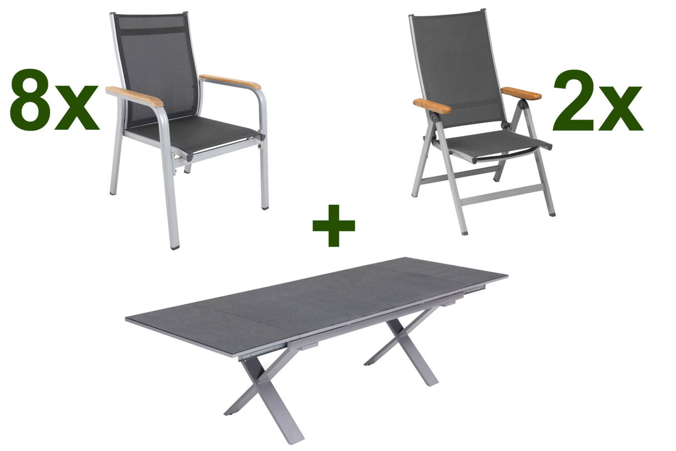 KETTLER Granada Garten-Essgruppe, silber / anthrazit, Alu / Spraystone / Teak, Tisch 180/280 x 100 cm, 8 Stapelsessel, 2 Klappstühle 23024__1