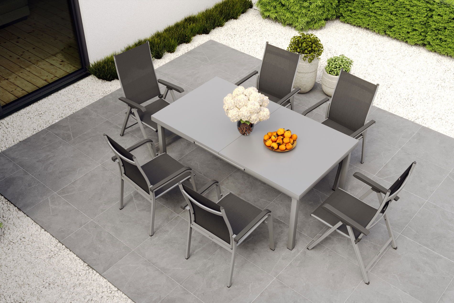 KETTLER BasicPlus Garten-Essgruppe, silber, Alu/Textilene, Tisch 180/240x100cm, 4 Stapel-, 2 Klappstühle 19311__1