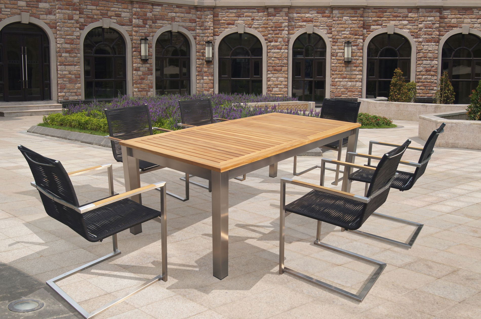 OUTFLEXX Garten-Essgruppe, silber/schwarz, Edelstahl/Teak, Ausziehtisch 200-300 x 100 cm, 6 Freischwinger, FSC®-zertifiziertes Produkt 18866__1