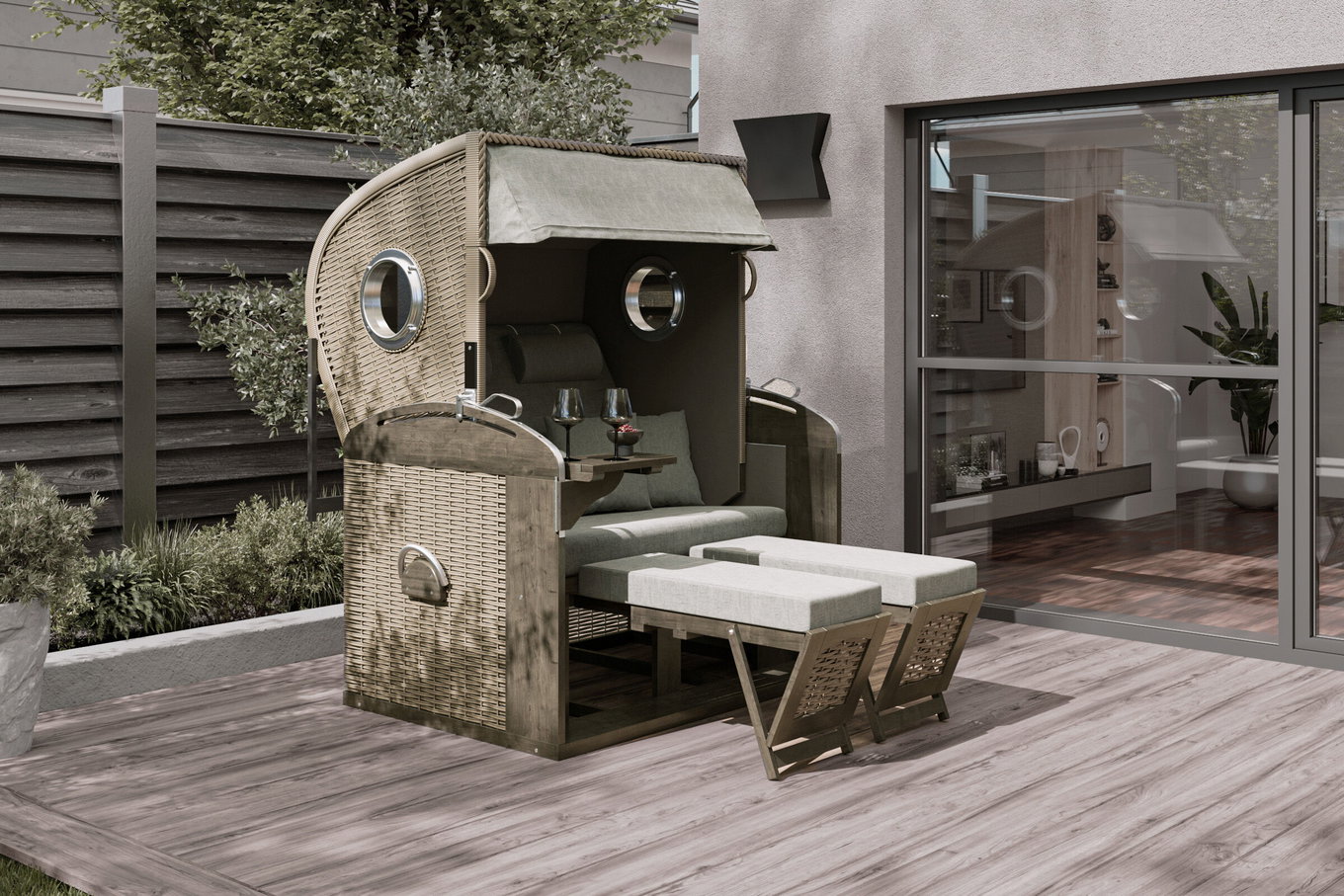 Sunny Smart Rustikal 305 Z Comfort XL Strandkorb, 2-Sitzer, Liegemodell, Pinienholz/PE-Geflecht, inkl. Kissengarnitur 20541__1