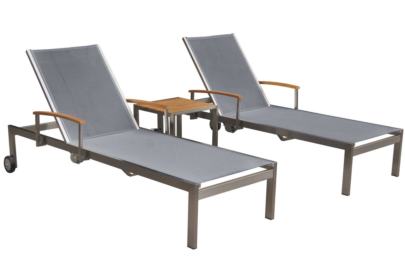 OUTFLEXX 2er-Set Sonnenliegen, silber, Edelstahl/Teak, 195,5x74x35cm, mit Beistelltisch 45x45cm, Teak Armlehnen, FSC®-zertifiziertes Produkt 14166__1