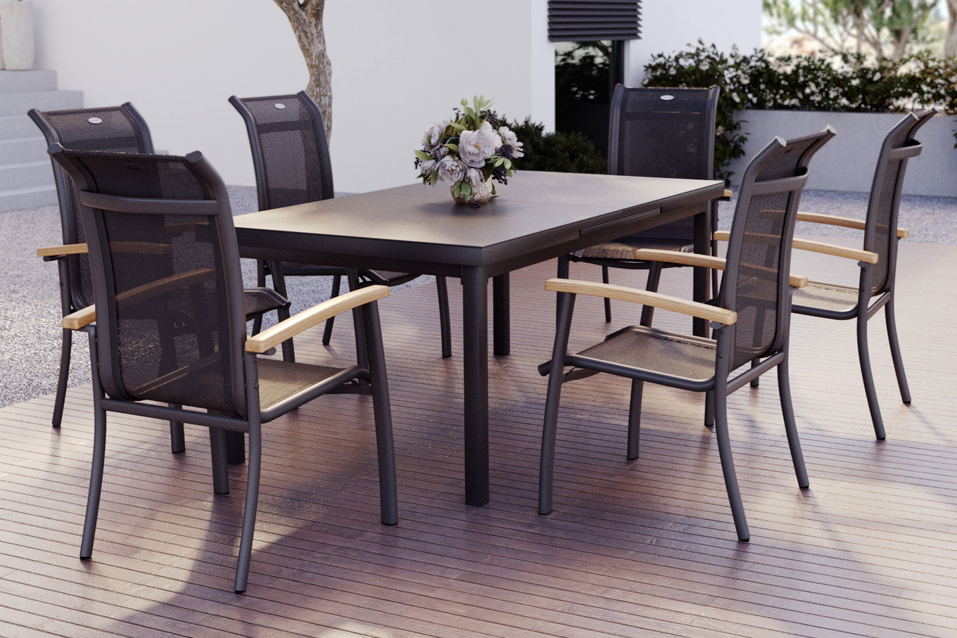 HARTMAN Alice Garten-Essgruppe, xerix, Alu/4x4 Textilen, Tisch 180/240x100cm, 6 Stapelsessel 19327__1