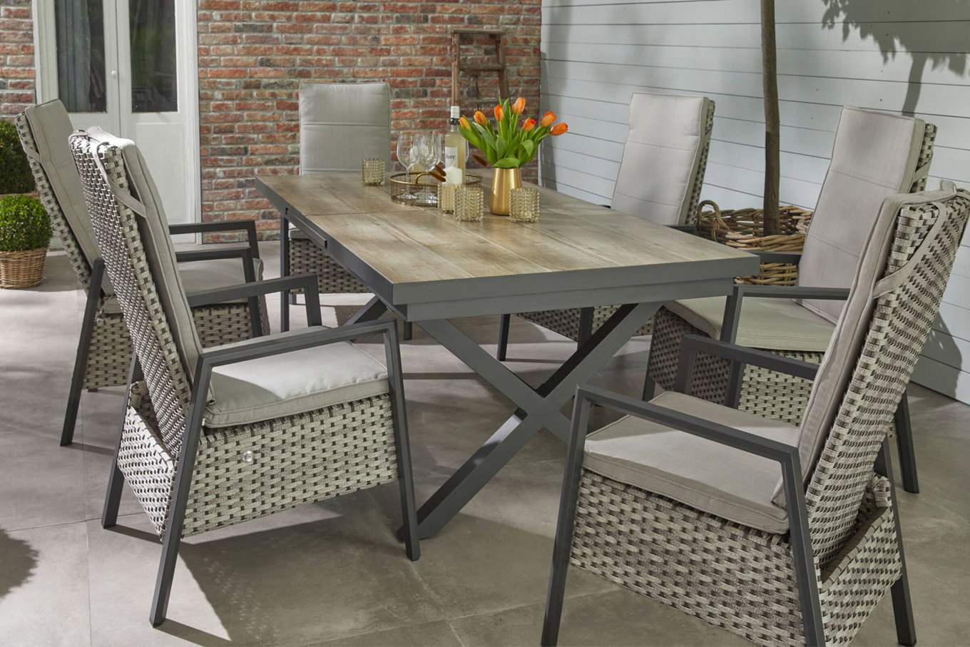 OUTFLEXX Louvra Select Garten-Essgruppe, natur/anthrazit, Polyrattan/Alu, 6 Sessel, Tisch 160/210 x 100 cm 22672__1