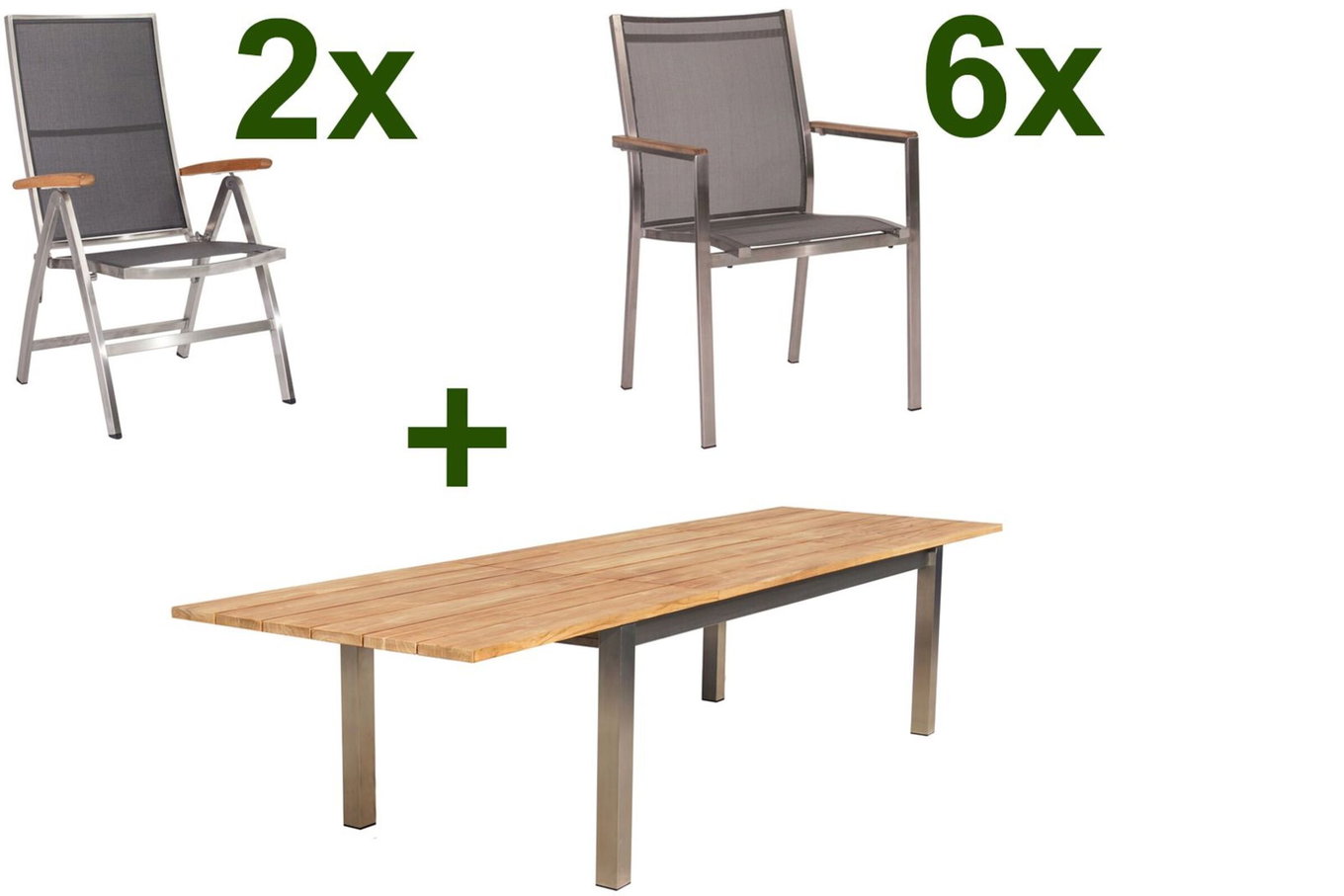 STERN Cardiff Garten-Essgruppe, silber/silbergrau, Edelstahl/Teak, Tisch 220/340 x 100 cm, 6 Stapel-, 2 Klappstühle, FSC®-zertifiziertes Produkt 19747__1