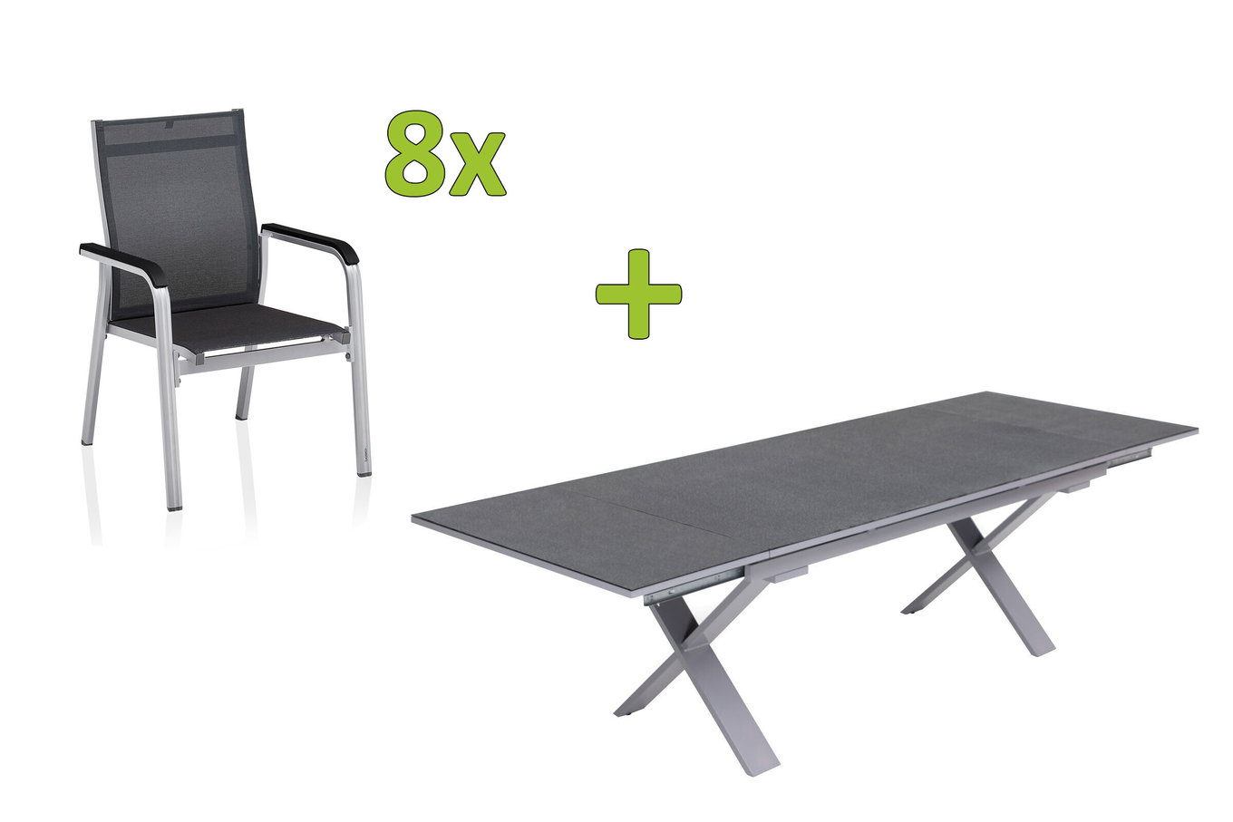 KETTLER BasicPlus Premium Garten-Essgruppe, silber, Alu/Textilene, Tisch 180/280 cm, 8 Stapelsessel 31528__1