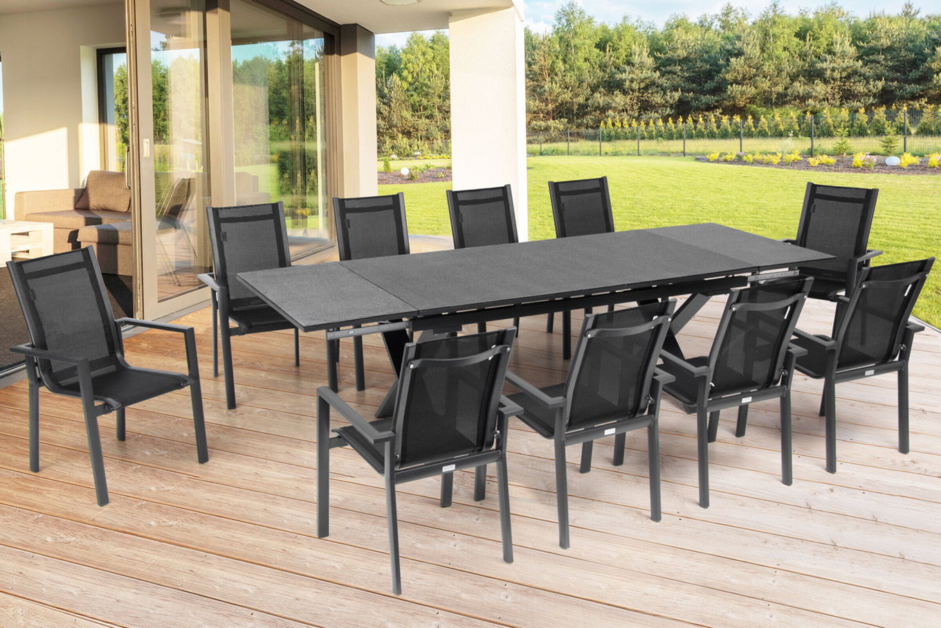 OUTFLEXX Garten-Essgruppe, OUTFLEXX® anthrazit matt, Alu / Spraystone / Textil, Tisch 180/280x100cm, 10 Stapelsessel 22138__1