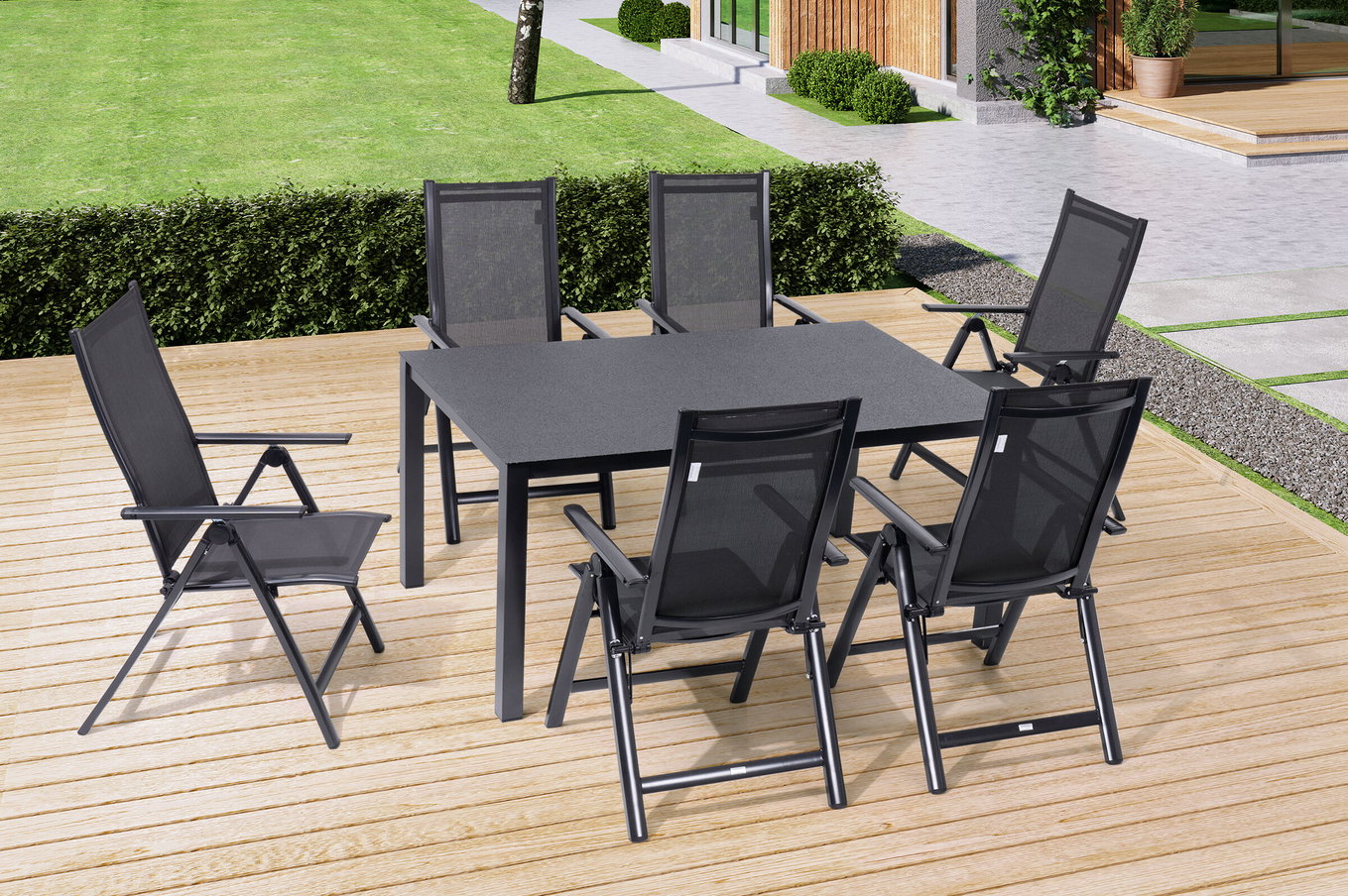 OUTFLEXX Garten-Essgruppe, anthrazit, Alu/Spraystone/Textilen, 160x95 cm, 6 Klappstühle 28176__1