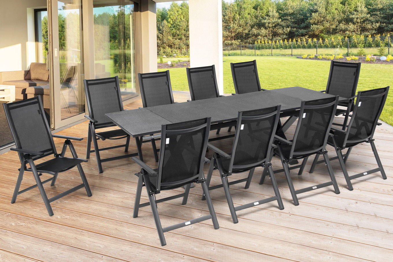 OUTFLEXX Garten-Essgruppe, OUTFLEXX® anthrazit matt, Alu / Spraystone / Textil, Tisch 180/280x100cm, 10 Klappstühle 22135__1