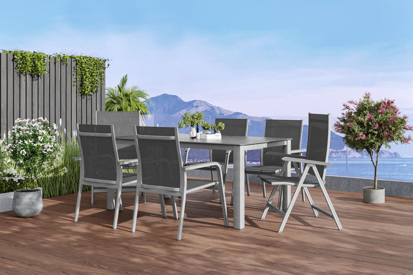 KETTLER Cubic/Basic Plus Garten-Essgruppe, silber/anthrazit, Alu/Textilene, Tisch 160 x 90 cm, 4 Stapelsessel, 2 Klappstühle 28698__1