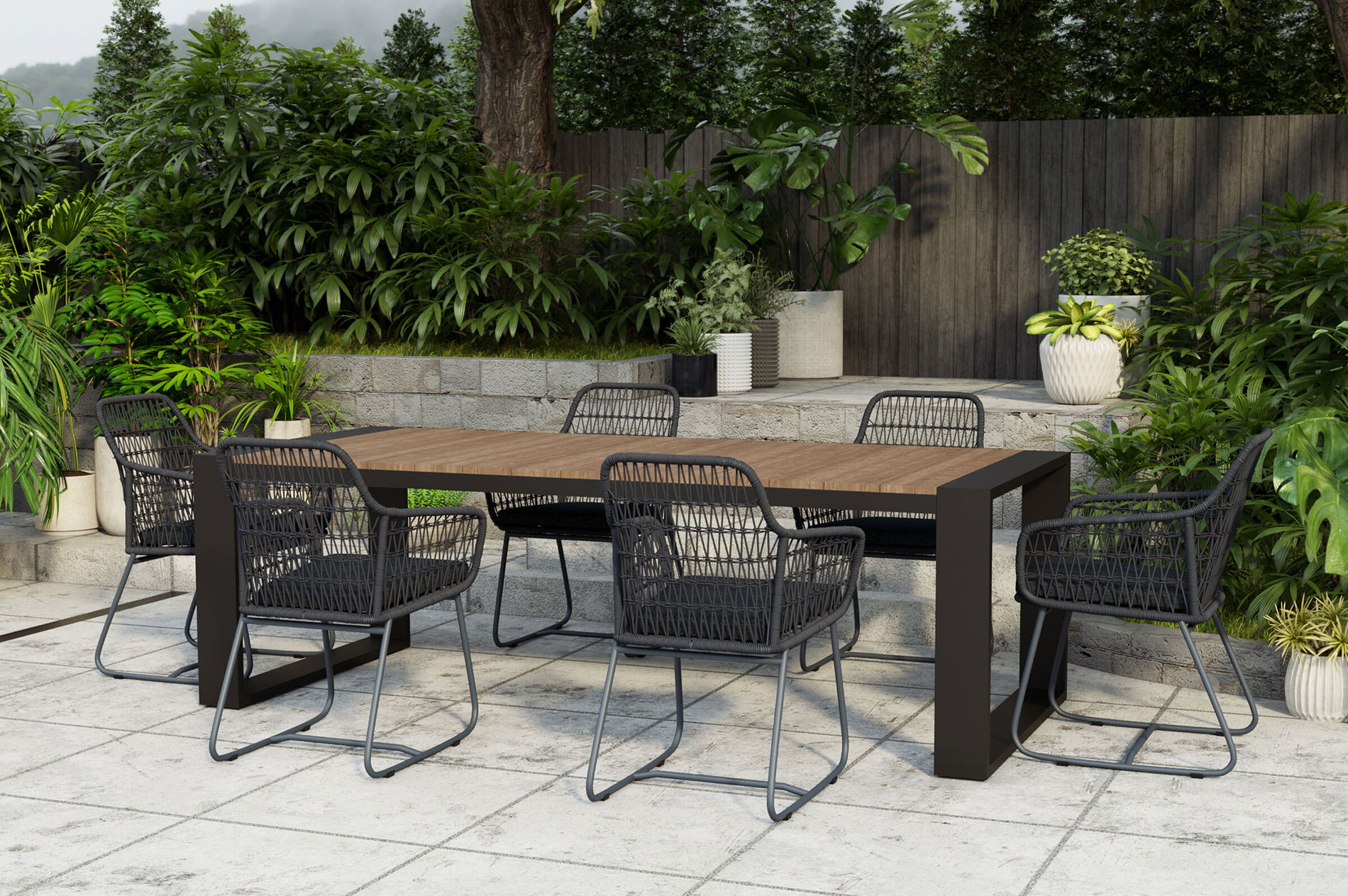OUTFLEXX Kona/Verona Garten-Essgruppe, anthrazit/dunkelgrau, Alu/recyceltes Teak/Rope, 240 x 100 cm, 6x Sessel, FSC®-zertifiziertes Produkt 24374__1