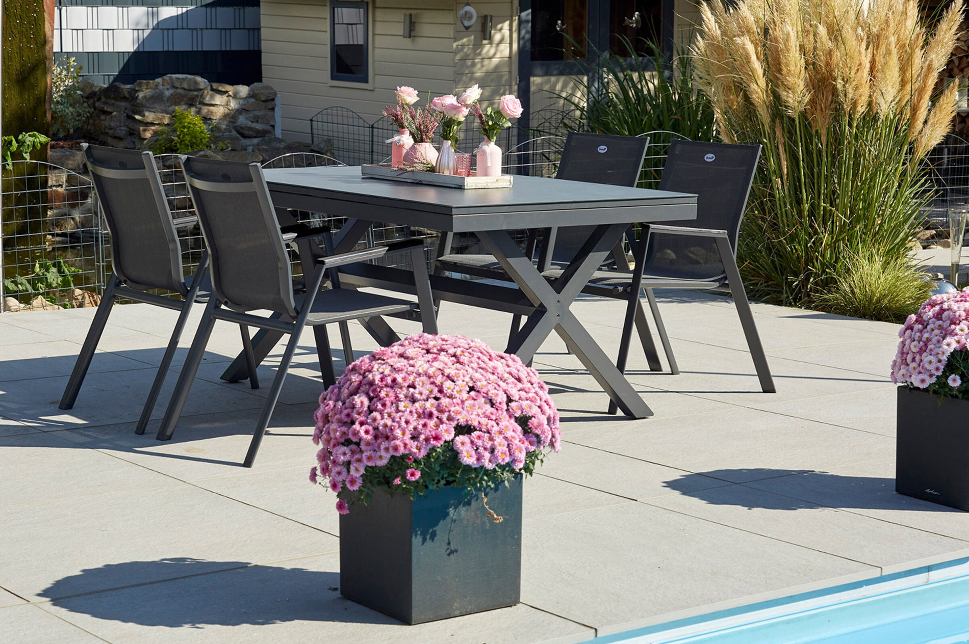 HARTMAN Xanadu / Aruba Garten-Essgruppe, xerix, Alu/Textilene/Glaskeramik, 4 Stapelsessel, 160/220x100cm 23277__1