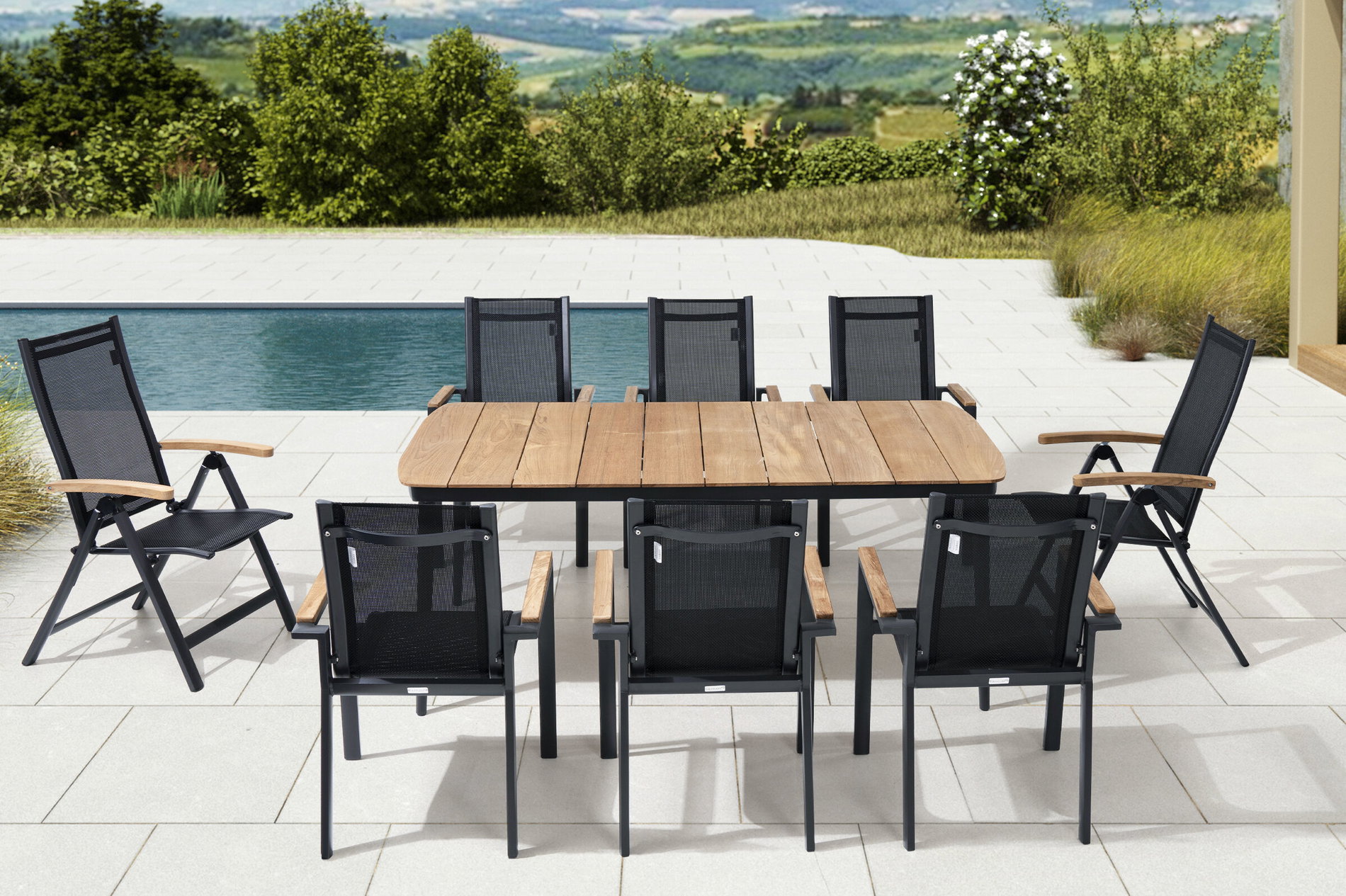 OUTFLEXX Garten-Essgruppe, anthrazit matt, Alu/Teak/Textil, 184x100 cm, 6 Sessel, 2 Klappstühle, Teak Armlehnen 28206__1