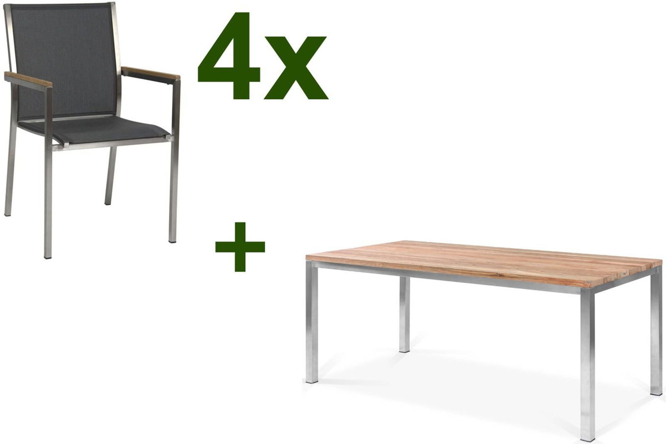 STERN Polaris Garten-Essgruppe, silbergrau, Edelstahl/recyceltes Teak, Tisch 180 x 90 cm, 4 Stapelsessel, FSC®-zertifiziertes Produkt 18094__1