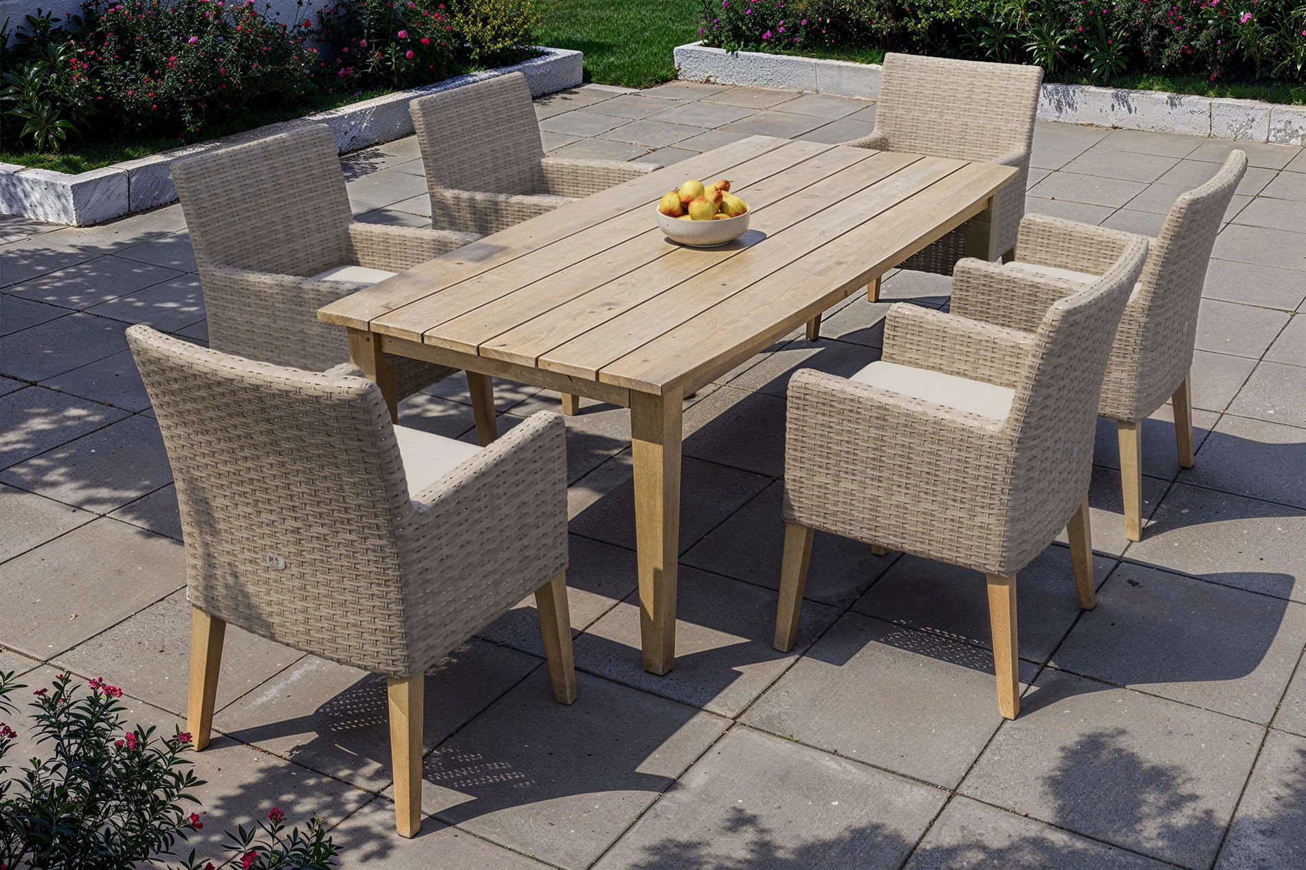 Ploß Borneo Garten-Essgruppe, beige-meliert, Polyrattan/Akazie, Tisch 220 x 100 cm, 6 Landhaussessel, FSC®-zertifiziertes Produkt 22683__1