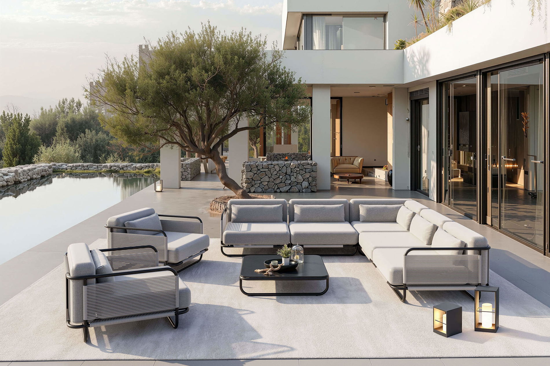 LOOKS by Wolfgang Joop Tempest Gartenlounge XL, hellgrau/anthrazit, Alu/Rope-Geflecht, Beistelltisch mit Glasplatte, pulverbeschichtet, wetterfest, modernes Design