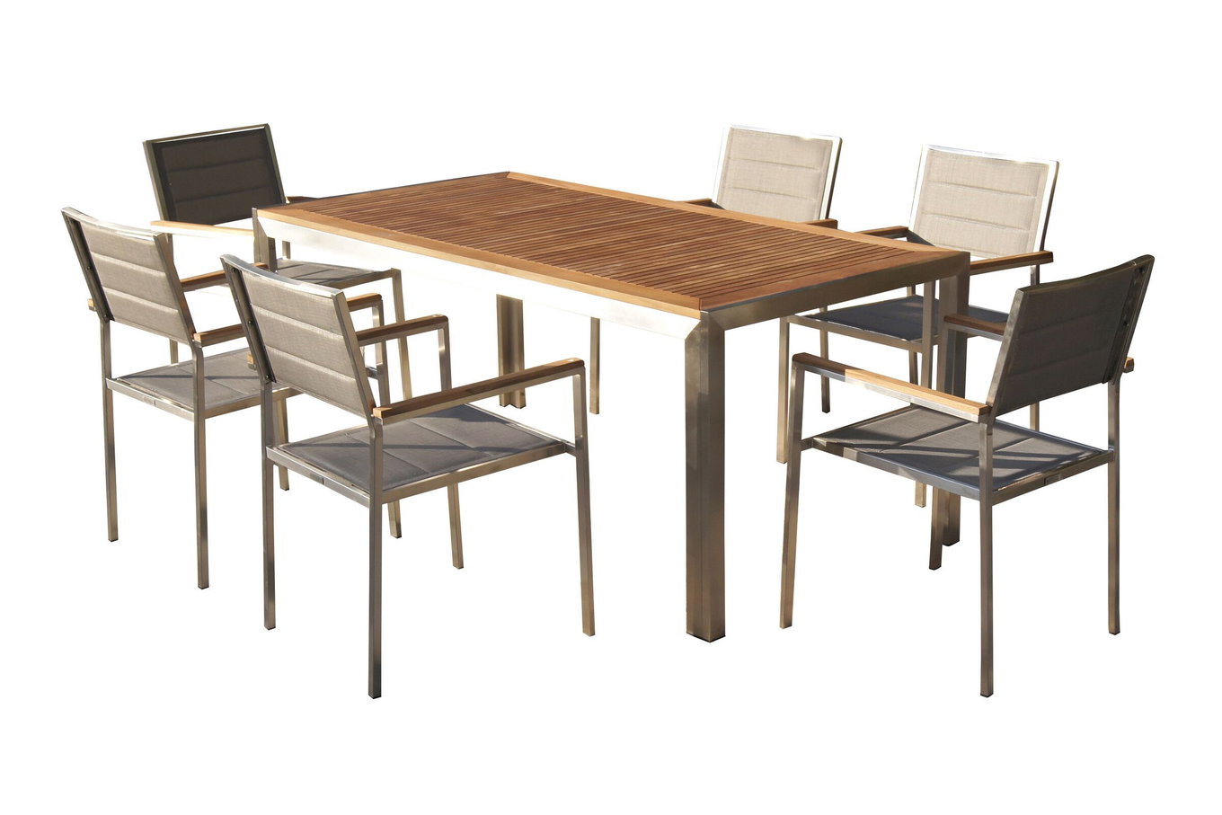 OUTFLEXX Garten-Essgruppe, silber, Edelstahl/Teak, Esstisch 180 x 90 cm, 6 Stapelstühle gepolstert 14191__1