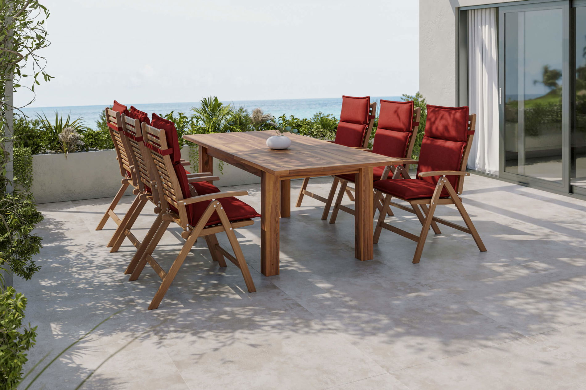 OUTFLEXX Faro Garten-Essgruppe, naturbelassen, Akazie, ausziehbarer Tisch 166/210 x 100 cm, klappbare Stühle, inkl. Stuhlauflagen in bordeaux, FSC®-zertifiziertes Produkt