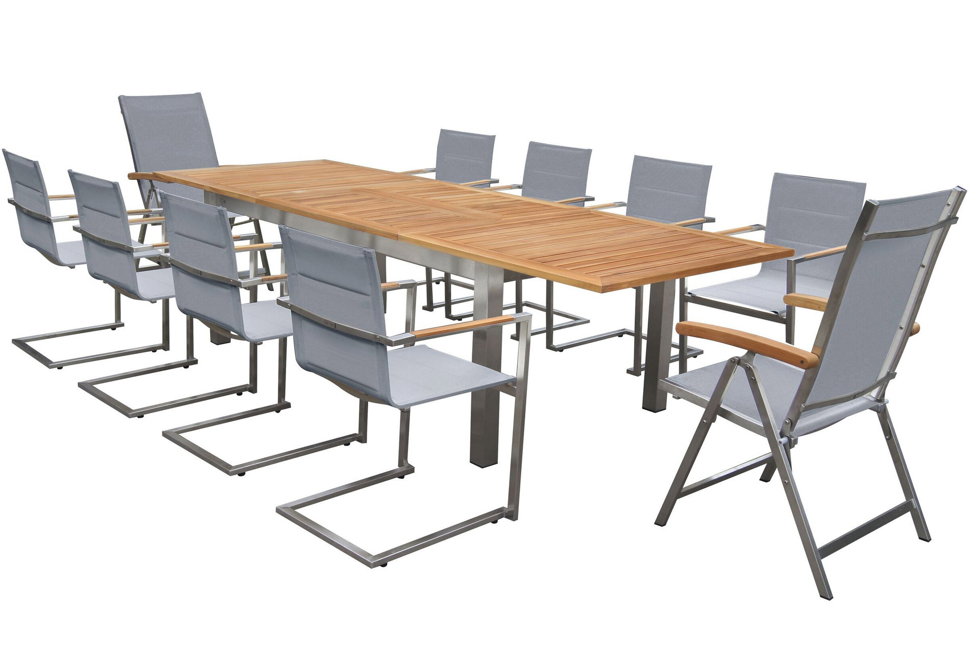OUTFLEXX Garten-Essgruppe, silber, 200/300 x 100 cm, Edelstahl/Teak, Ausziehtisch, 8 Stühle padded, 2 Klappstühle, FSC®-zertifiziertes Produkt 14162__1