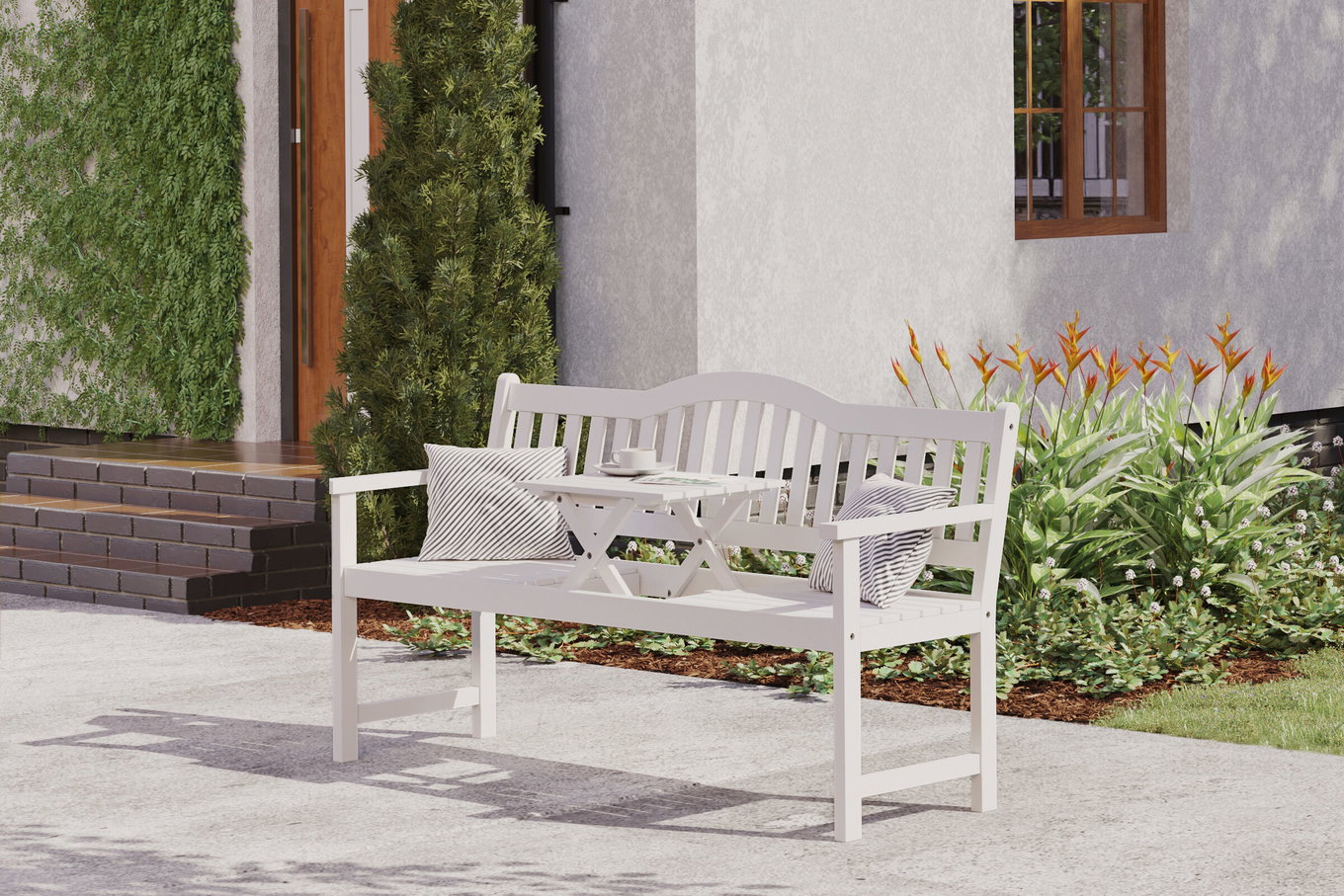 VILLANA Gartenbank, weiß, Akazie, 152 x 59 x 86 cm, 2-3 Personen, Klapptisch-Funktion, FSC®-zertifiziertes Produkt 13851__1