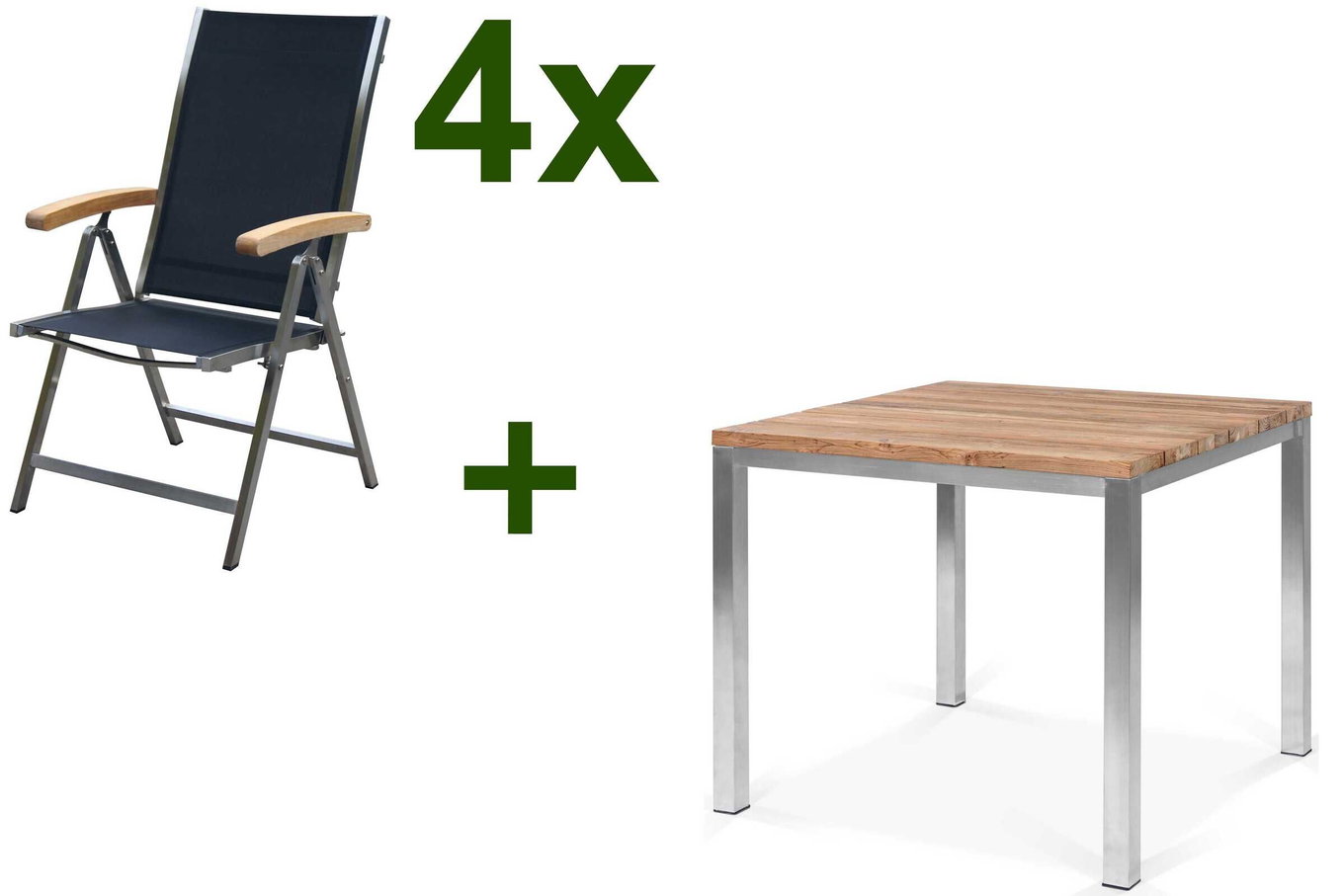 OUTFLEXX Garten-Essgruppe, Edelstahl/recyceltes Teak, Tisch 90 x 90 cm, 4 Klappstühle, schwarz, FSC®-zertifiziertes Produkt 17262__1