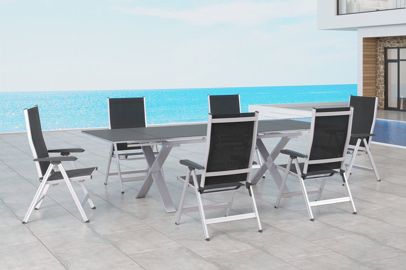 KETTLER BasicPlus Garten-Essgruppe, silber / anthrazit, Alu / Spraystone / Textil, Tisch 180/280x100cm, 6 Klappstühle 23007__1