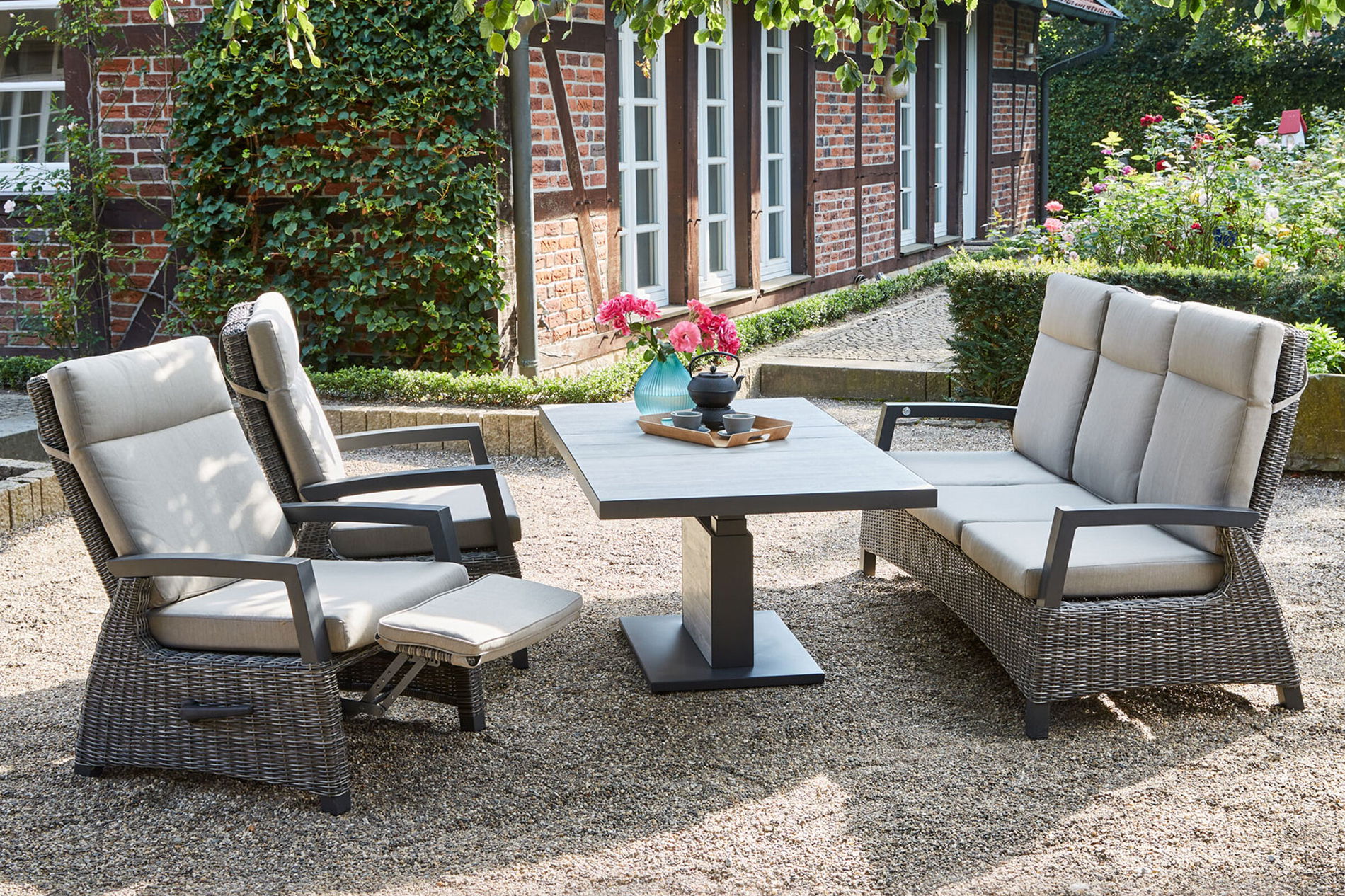 SIENA GARDEN Corido/Bellani Pinie Gartenlounge, charcoal/anthrazit/pinie-grau, Alu/Gardino®-Geflecht, Lifttisch 160x90 cm, 3-Sitzer, 2x Relaxsessel 22109__1