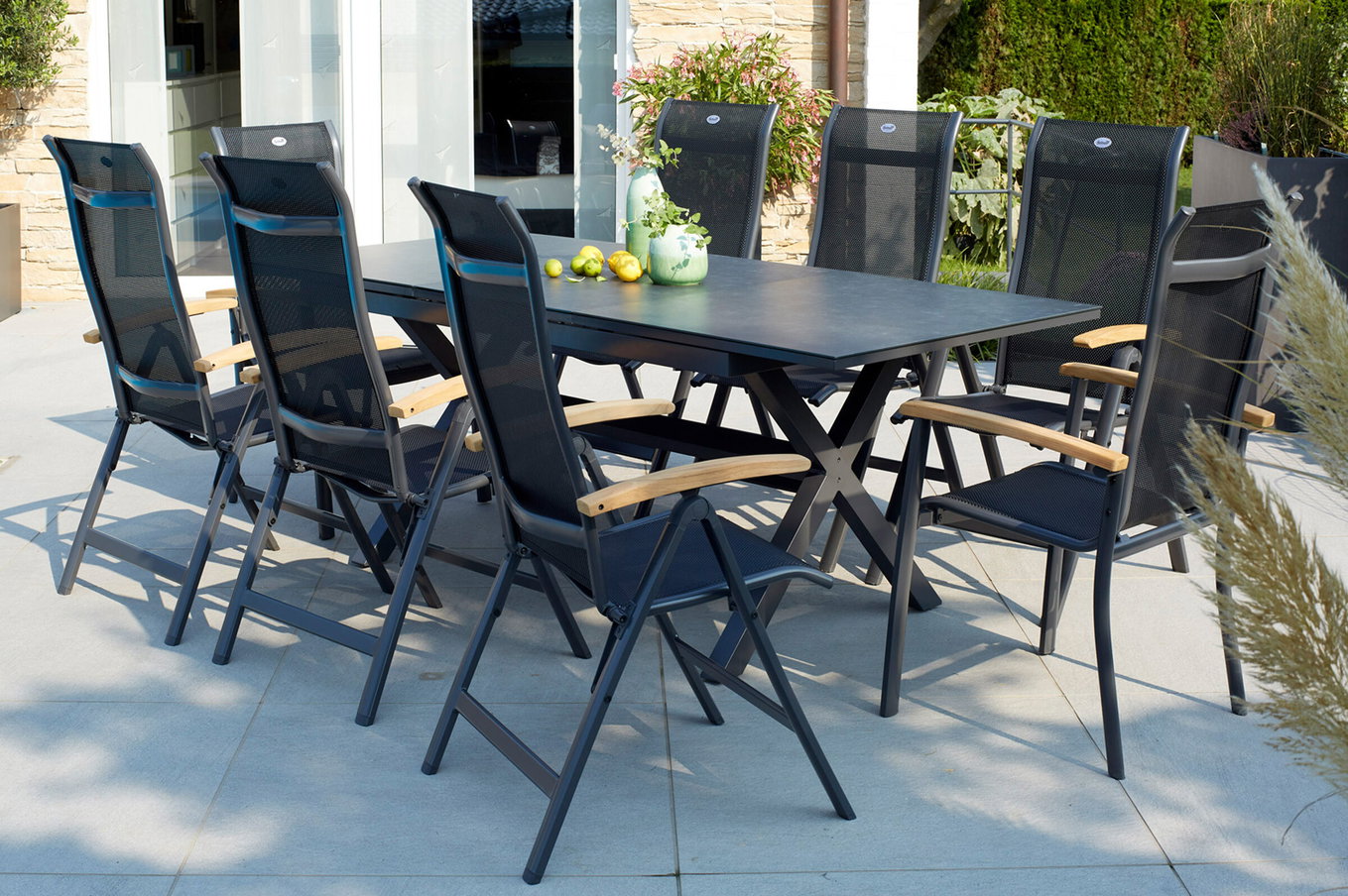 HARTMAN Xanadu / Alice Garten-Essgruppe, xerix/natur, Alu/Teak/Glaskeramik, 4x4 Textilen, 8 Klappstühle, 160/220x100cm, Teak Armlehnen 23246__1