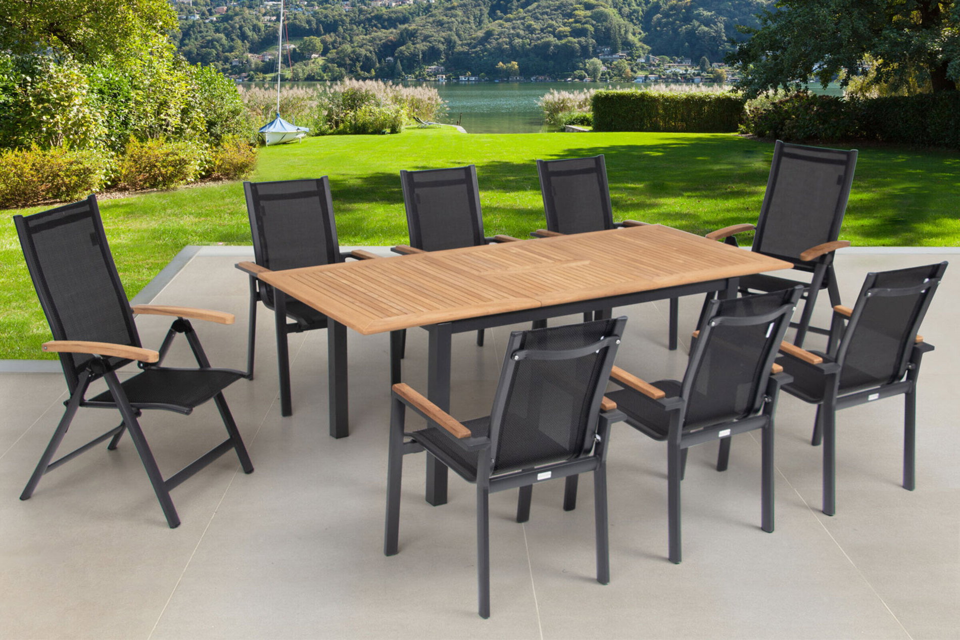 OUTFLEXX Garten-Essgruppe, OUTFLEXX® anthrazit matt, Alu / Teak / Textil, Tisch 150/210 x 90 cm, 6 Stapelsessel, 2 Klappstühle 22172__1