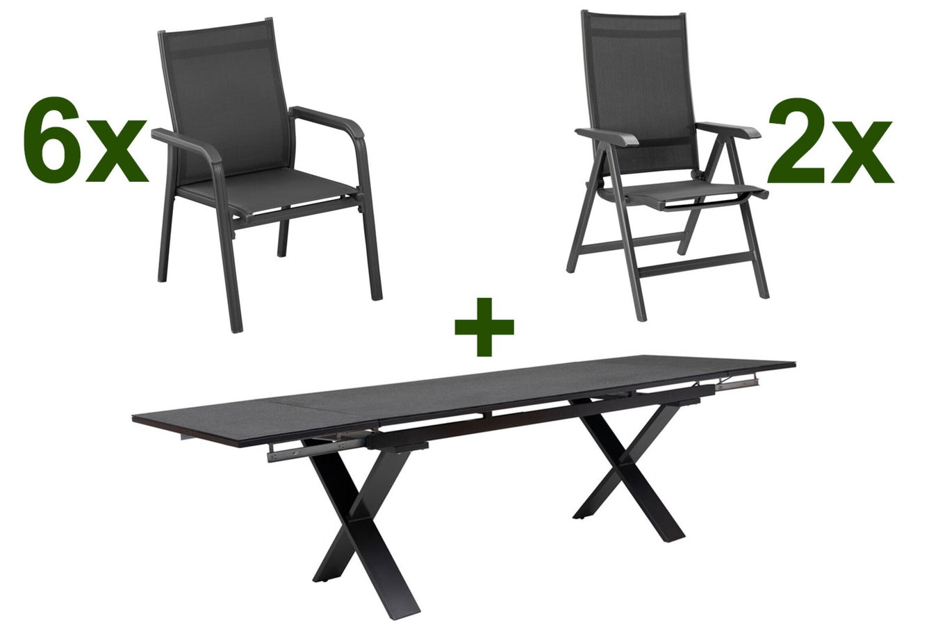 KETTLER BasicPlus Garten-Essgruppe, anthrazit, Alu / Spraystone / Textil, Tisch 180/280 x 100 cm, 6 Stapelsessel, 2 Klappstühle 23080__1