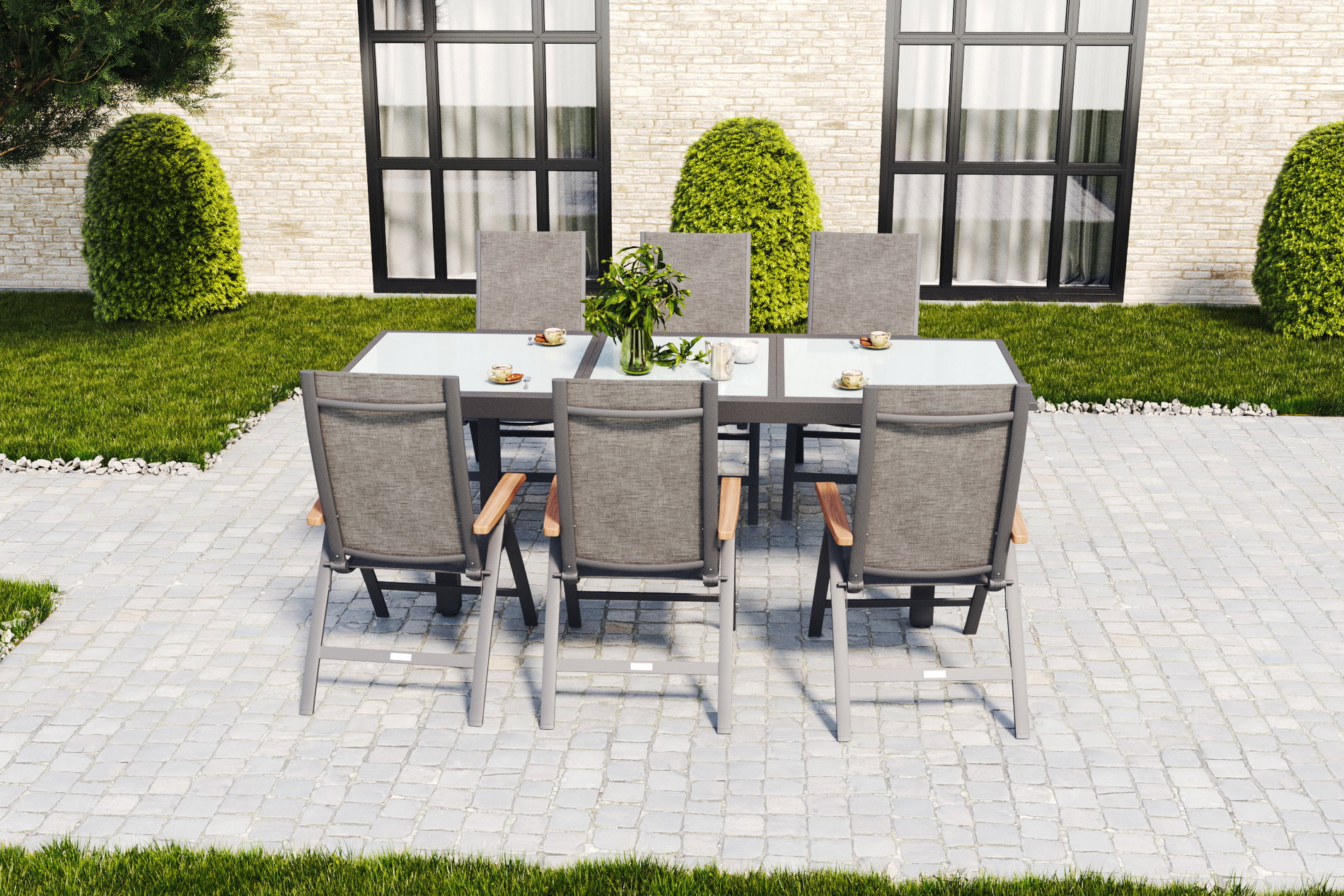 VILLANA Garten-Essgruppe, anthrazit/grau/wei&szlig;, Alu/Glas/Textilene/Akazienholz, Ausziehtisch, 6 Klappst&uuml;hle, ausziehbar